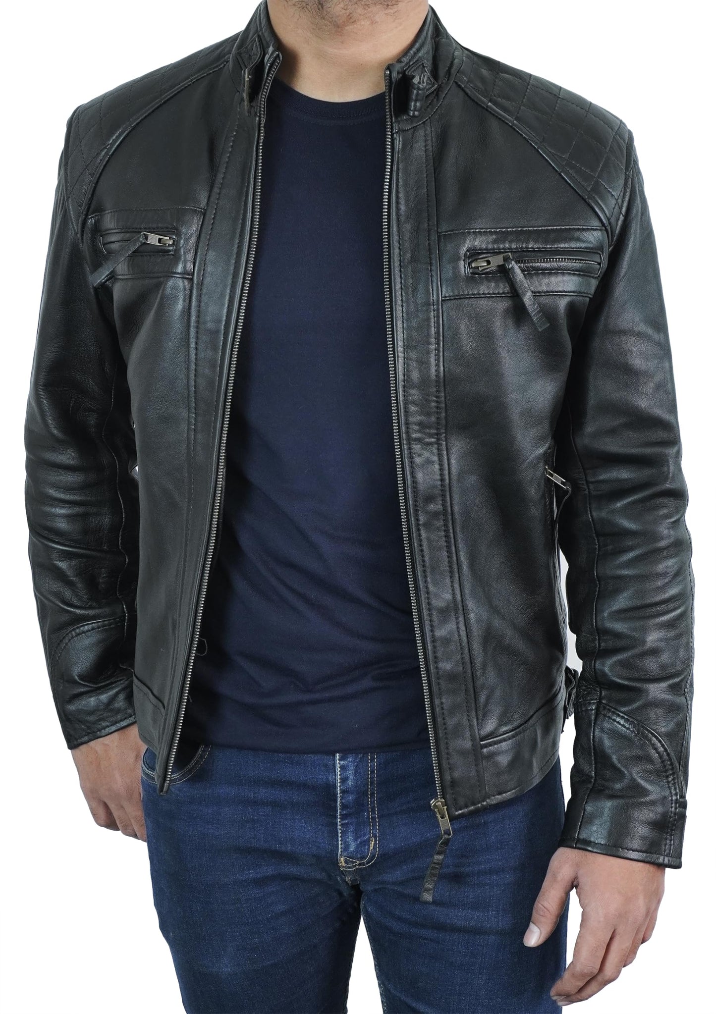 STOREJEES Mens Leather Jacket | Diamond Black - XL