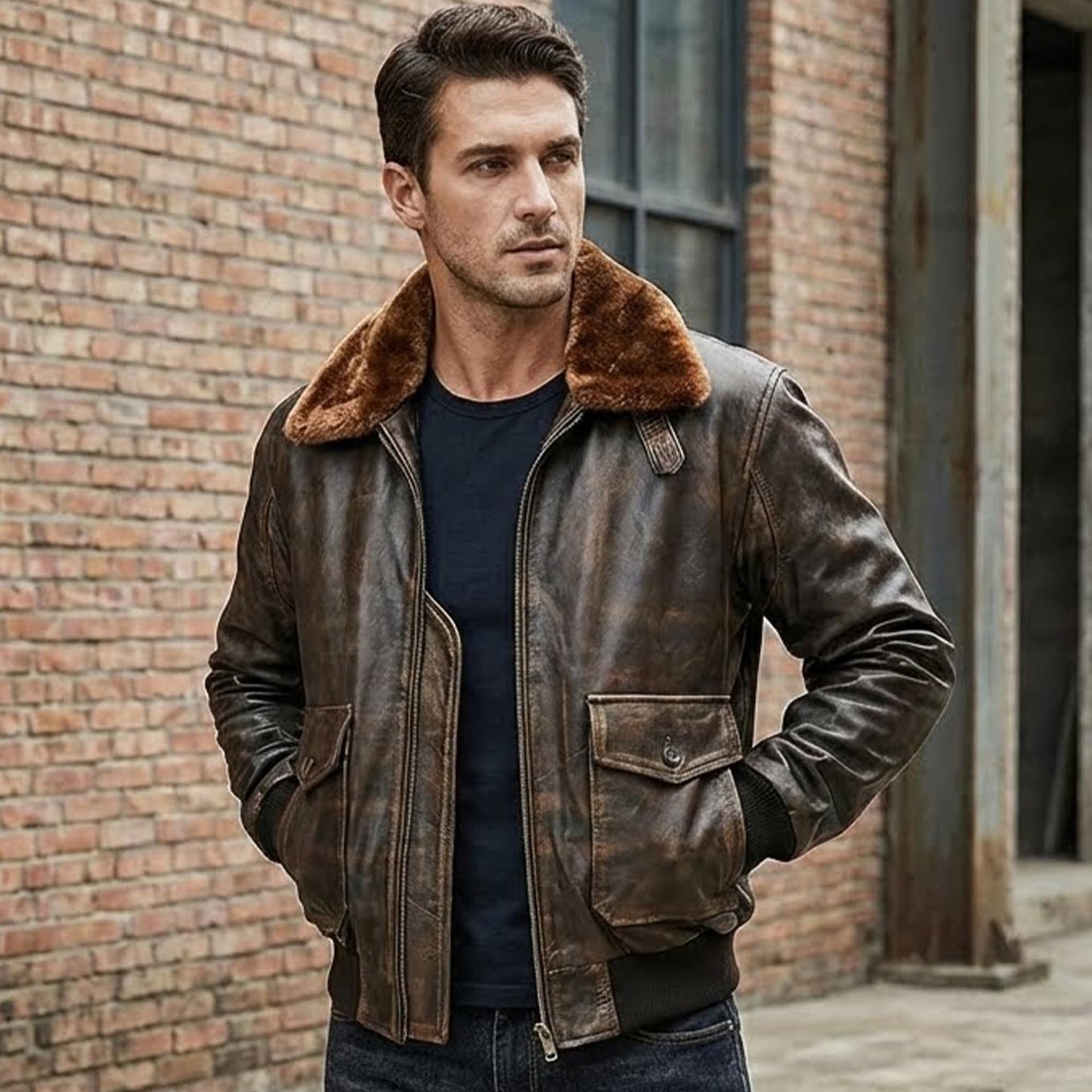 Mens G-1 Fur Collar US Navy Flight Distressed Brown Aviator Genuine Leather Jacket (L, Brown Real Leather Jacket)