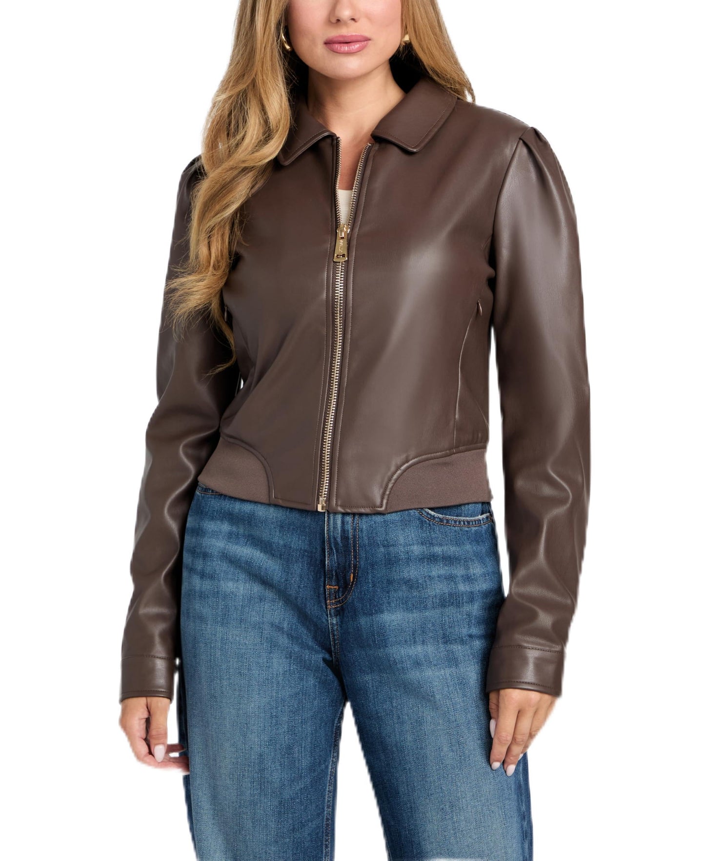 Guess Womens Fancy Zipped Faux Leather Biker Jacket, Chocolate Brownie, Extra Small