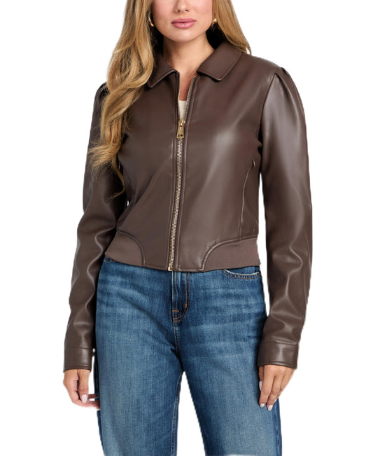 Guess Womens Fancy Zipped Faux Leather Biker Jacket, Chocolate Brownie, Extra Small