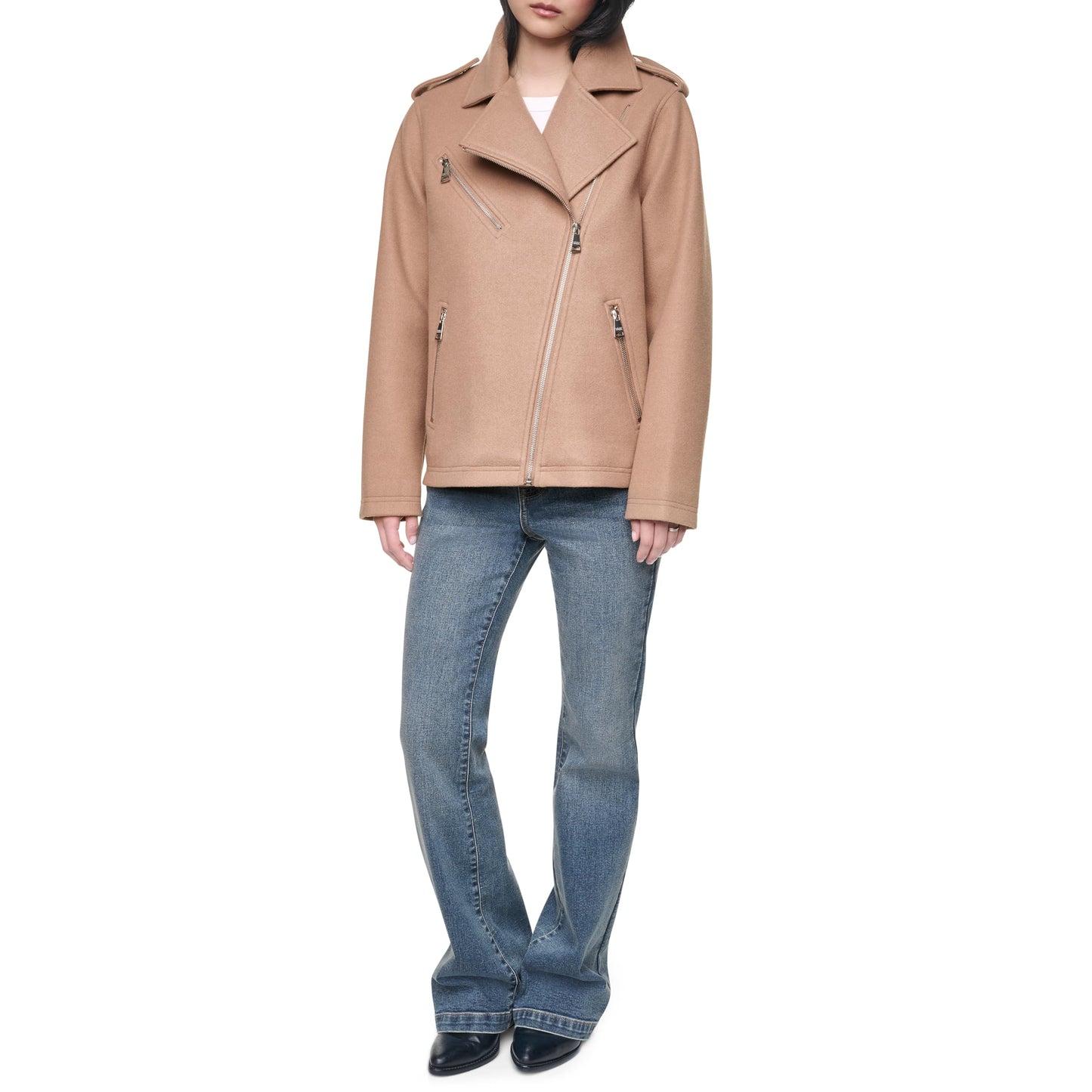 DKNY Women's Assymetrical Zip Front Moto Jacket, Woodsmoke, Medium