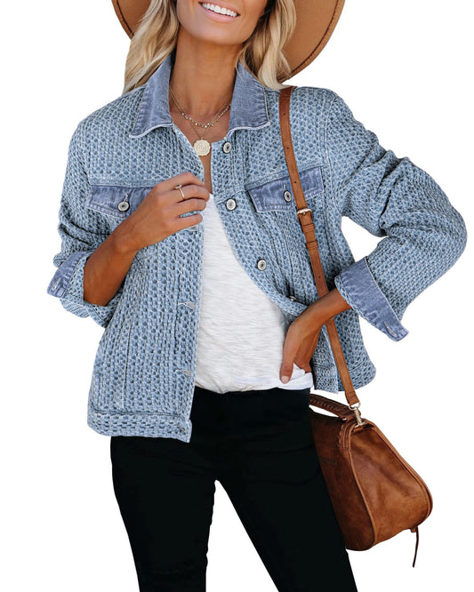 luvamia Jean Jackets for Women Trendy Womens Jean Jacket Medium Blue Denim Jacket for Women Western Jackets for Woman Medium Blue Size Medium Fits Size 8-10