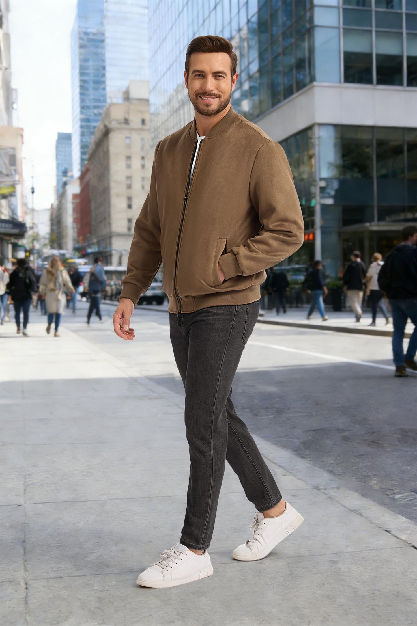 Fahsyee Men's Faux Suede Bomber Jacket, Casual Lightweight Varsity Style Full Zip Up Leather Coat Brown L
