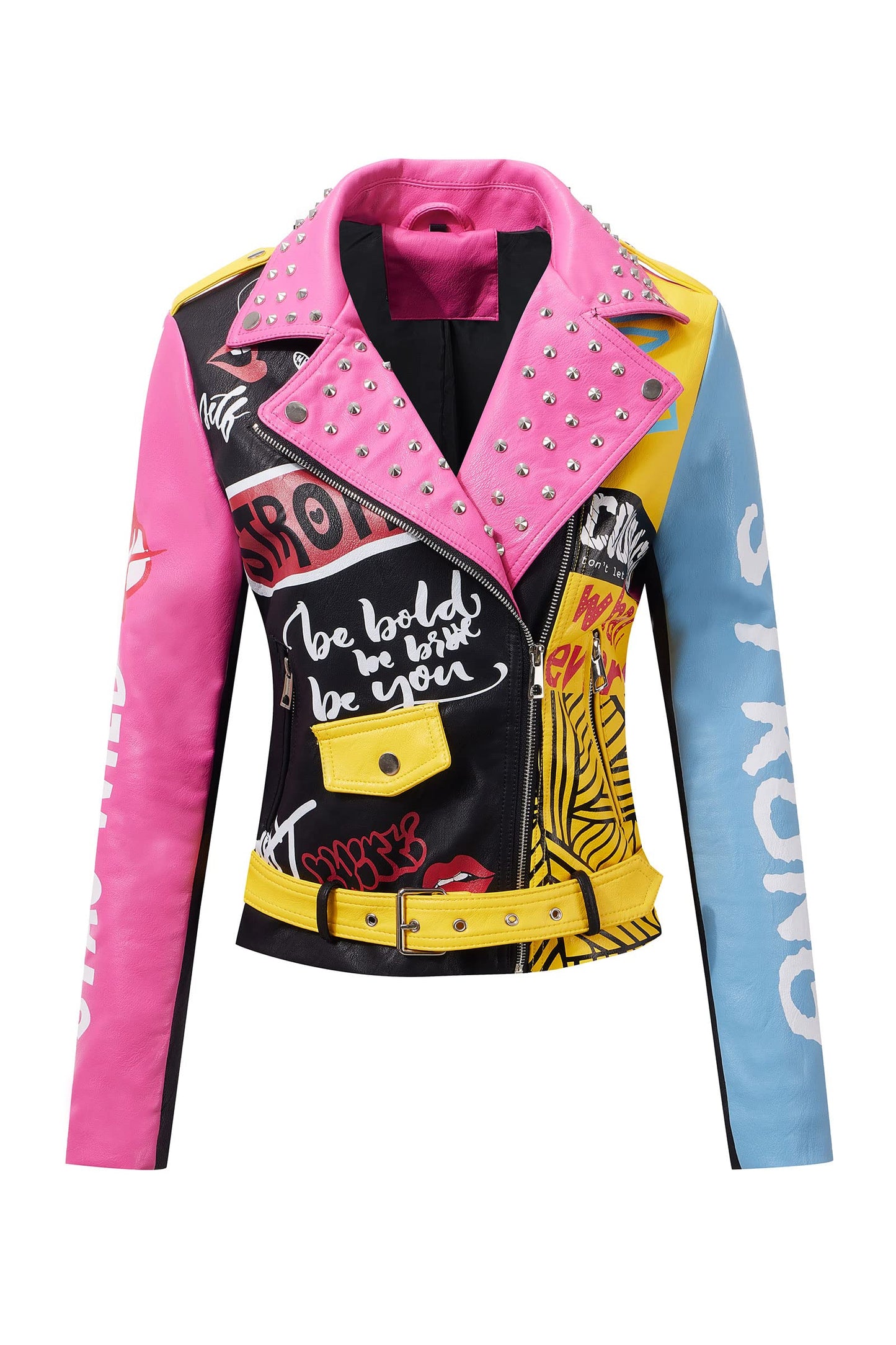 RISISSIDA Studded Leather Jacket Women Moto Motorcycle Faux Leather Short Coat Black-pink 0375 M