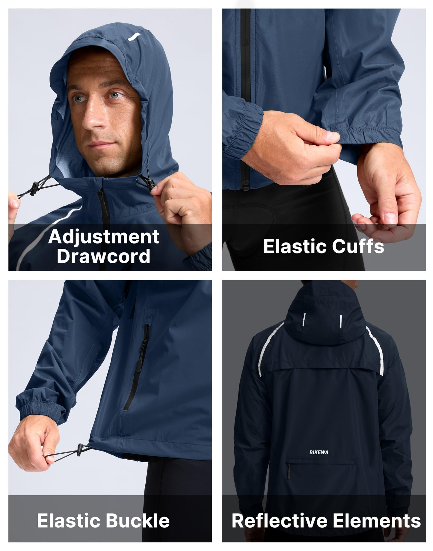 Bikewa Men's Cycling Rain Jackets Waterproof Running Bike Windbreaker Hooded Reflective Biking Windproof Bicycle Riding(Navy,L)