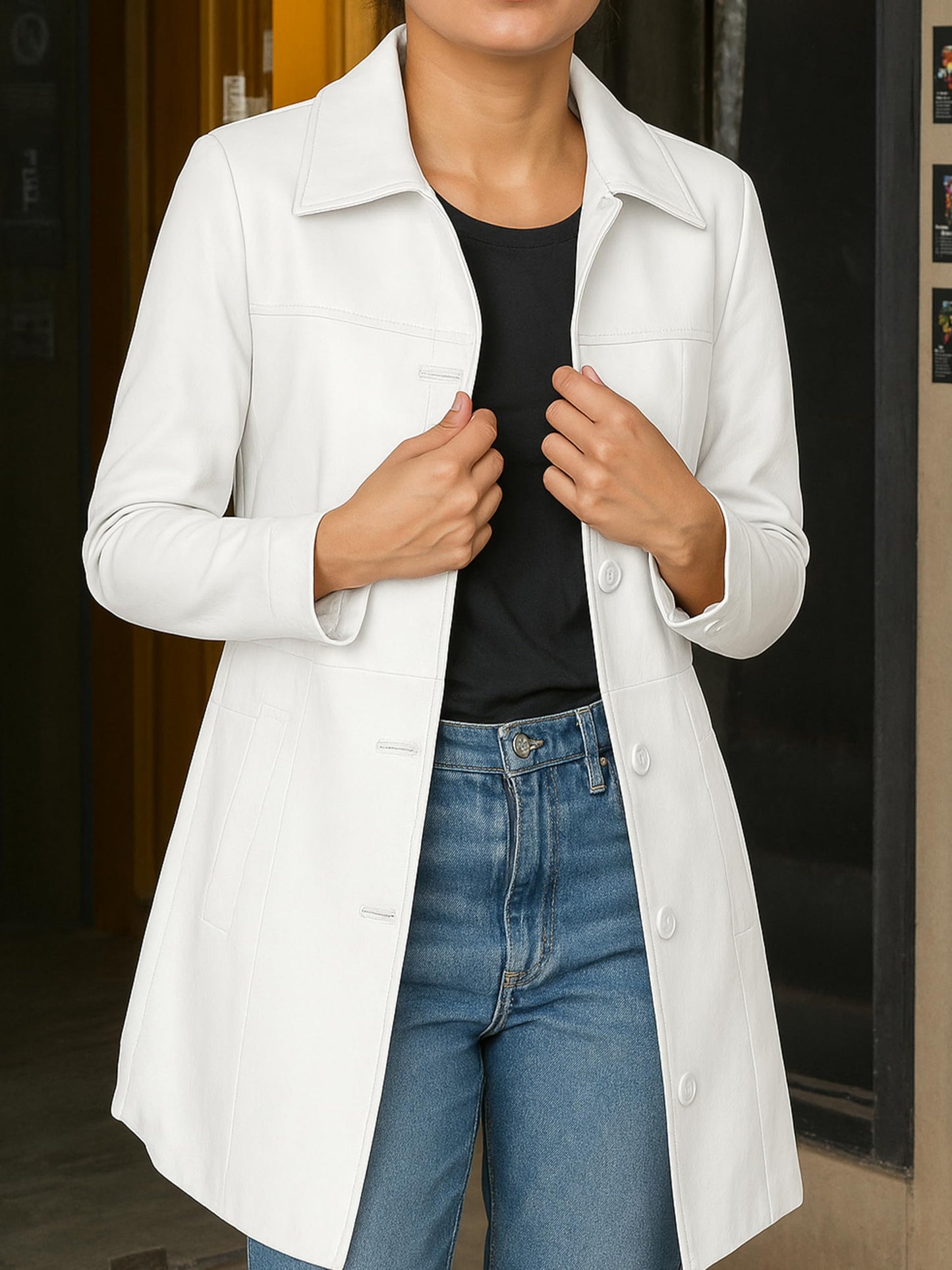Jild Casual Car Coat Lambskin Leather Jacket Women – ¾ Length Blazer Overcoat Style Leather Long Coat Women (CCW-White-L)