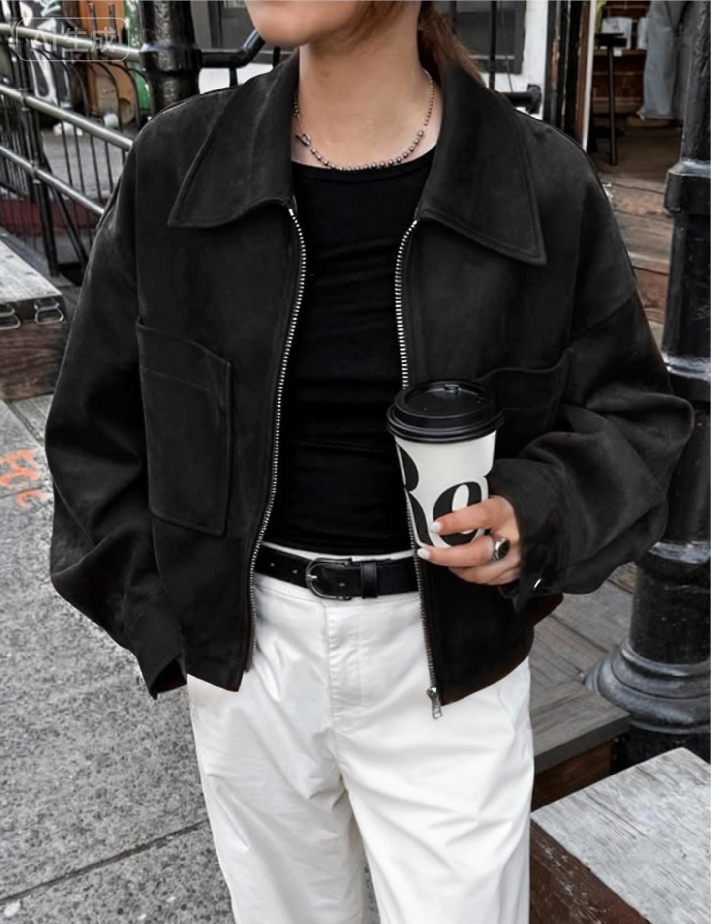 Eclisseaura Women's Long Sleeve Loose Fit Color-Blocked Collar Suede Pocket Jacket(Black-M)
