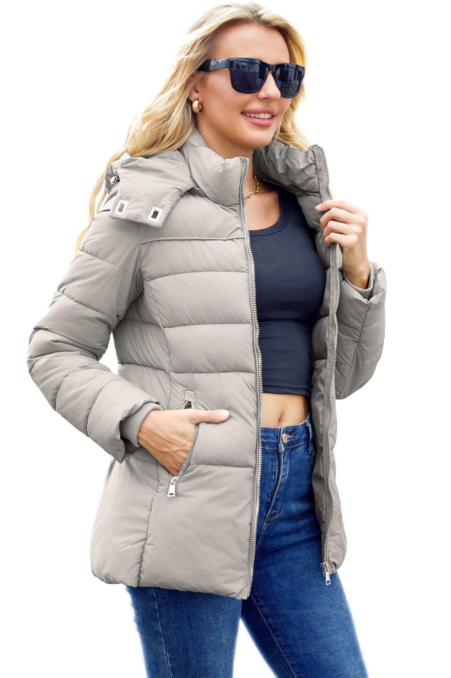 MODERN BUBBLE Womens Packable Puffer Jacket Winter Coat with Hood Warm Lightweight Thickened Down Jacket (US, Alpha, X-Large, Regular, Regular, Grey)