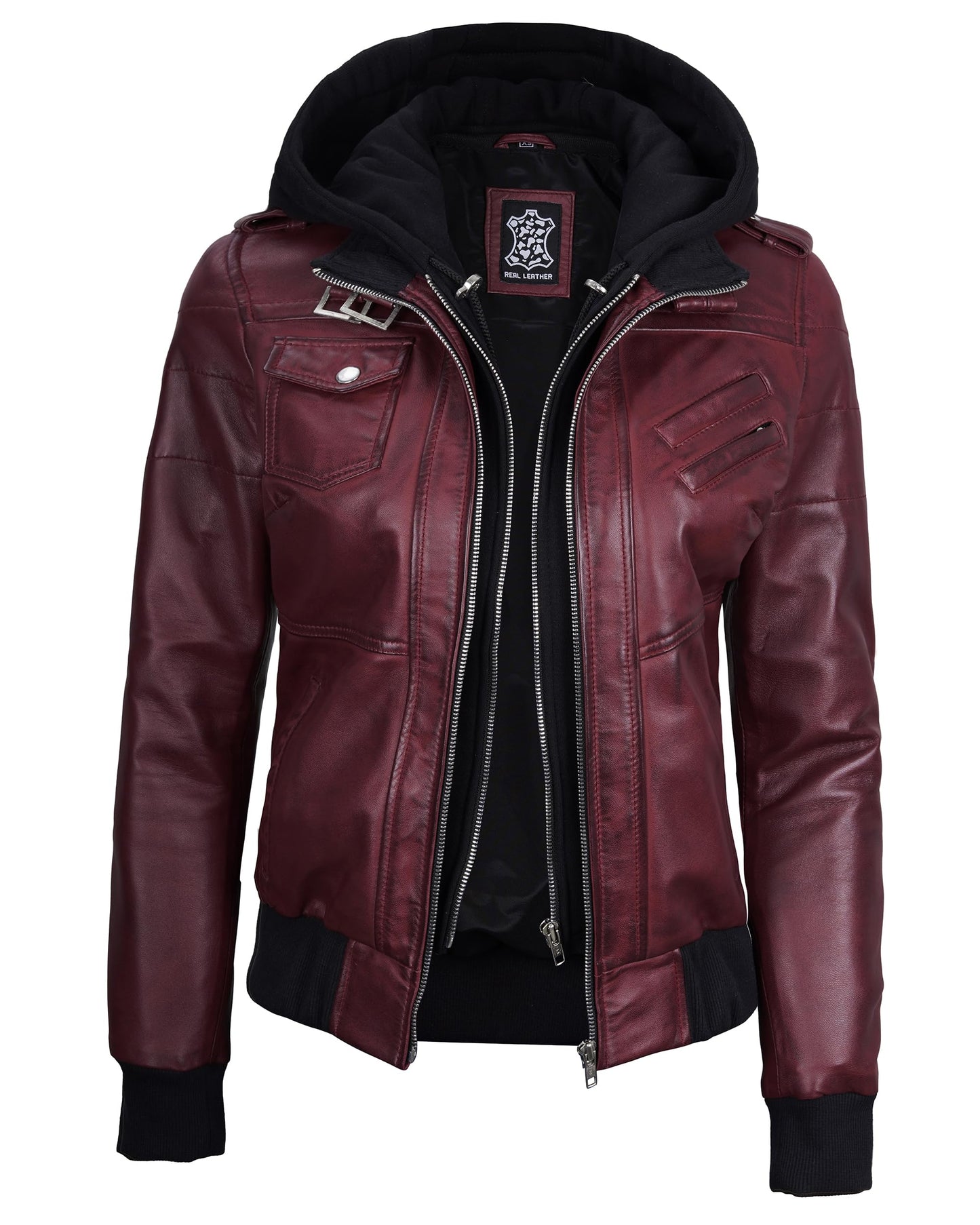 Decrum Leather Jacket with Hood - Women's Bomber Jacket | [1326995] Edinburgh Burgundy, XL