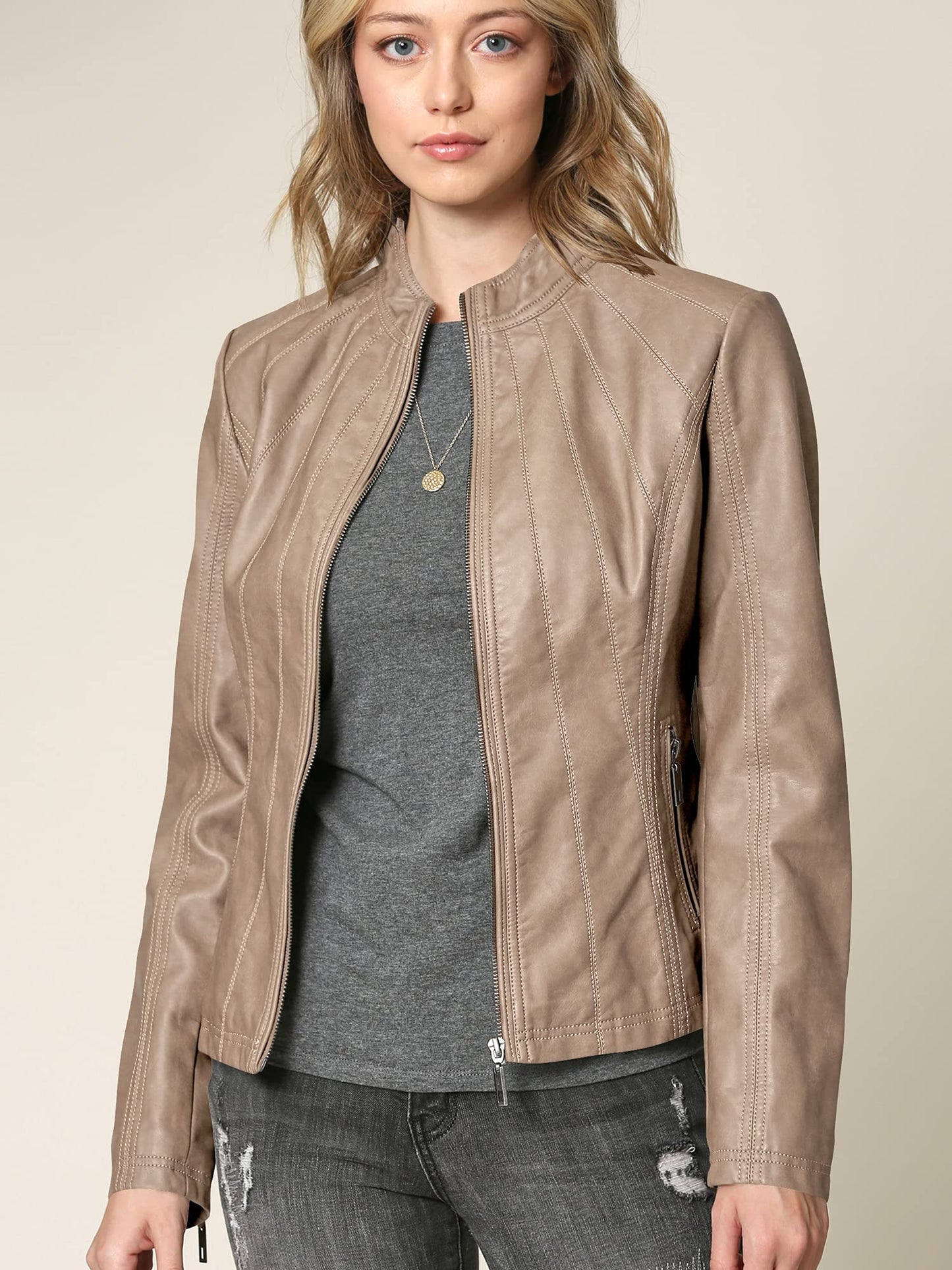 Lock and Love LL WJC877 Womens Panelled Faux Leather Moto Jacket M KHAKI