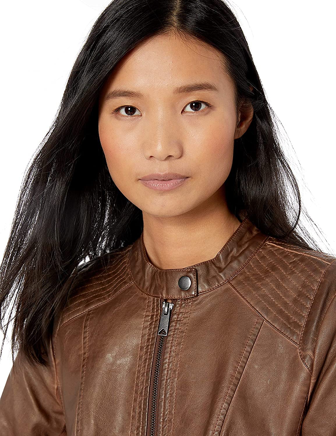 Sebby Collection Women's Faux Leather Jacket with Moto Details and Front Zip Pockets, Whiskey, Medium