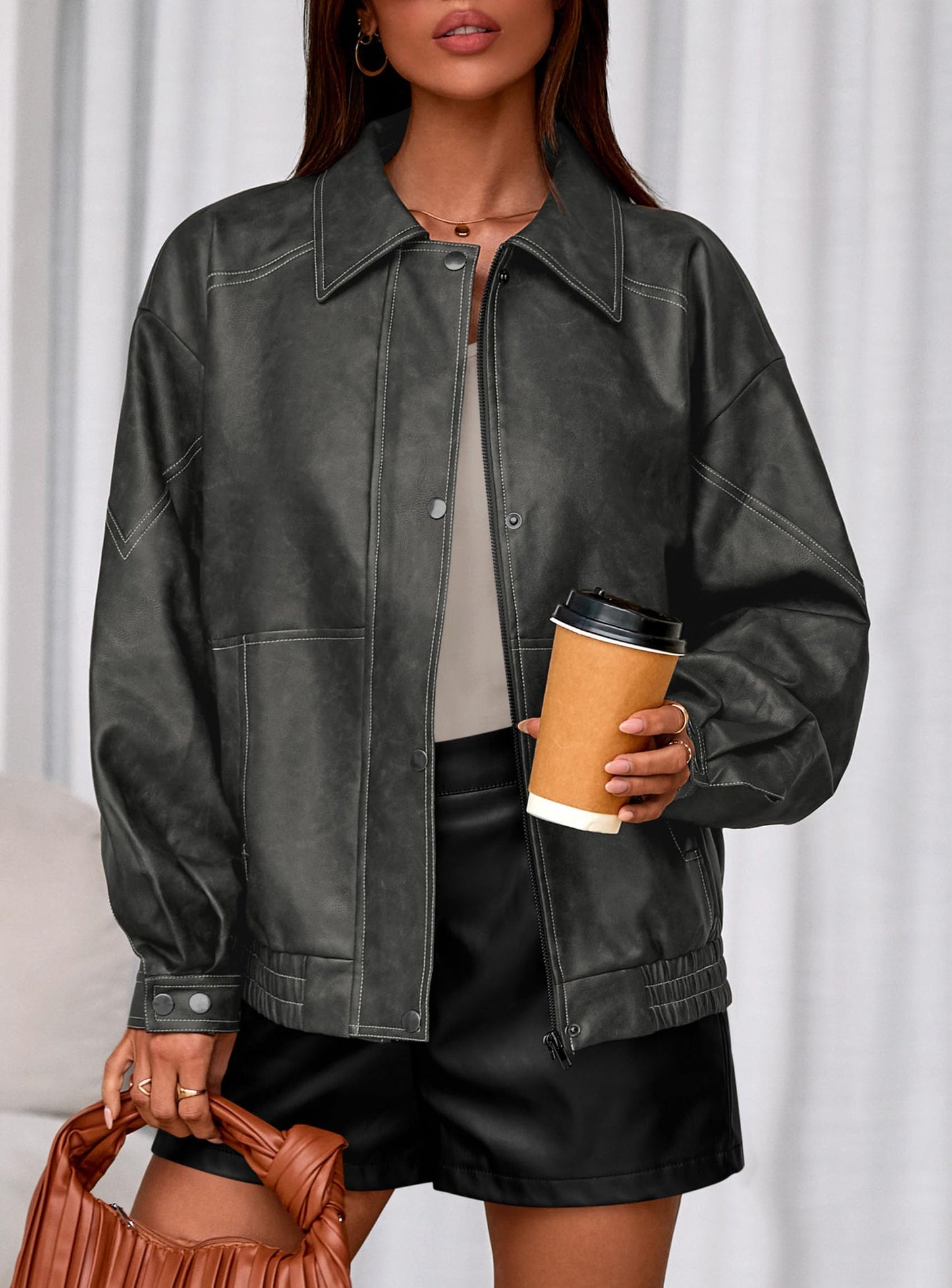 PRETTYGARDEN Faux Leather Jacket Women Bomber Motorcycle Zip Up Jackets Oversized Fall Fashion Outfits 2026 Winter Coats (Grey,Small)