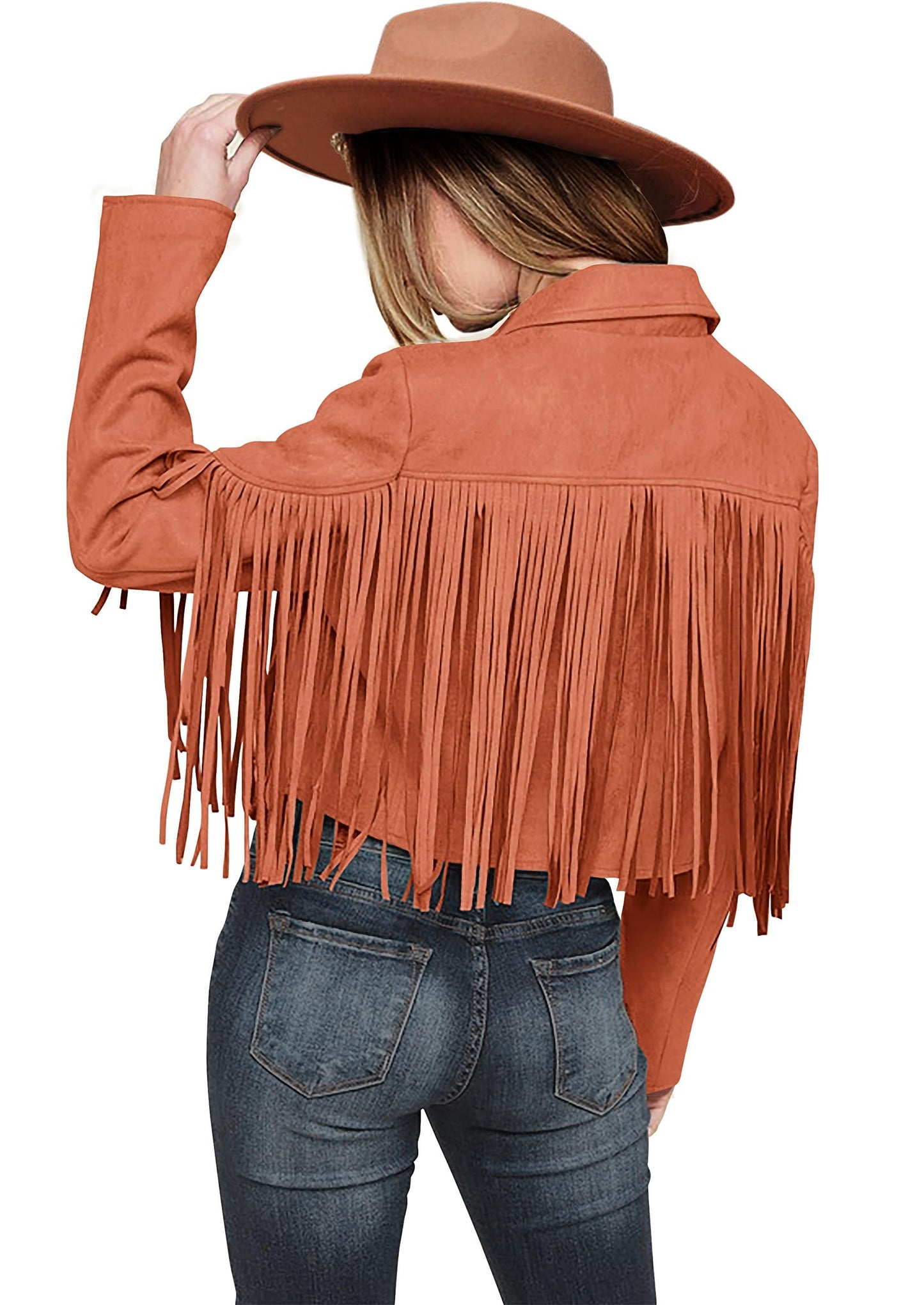 PRETTYGARDEN Women's Fringe Faux Suede Leather Jackets,Orange,XL