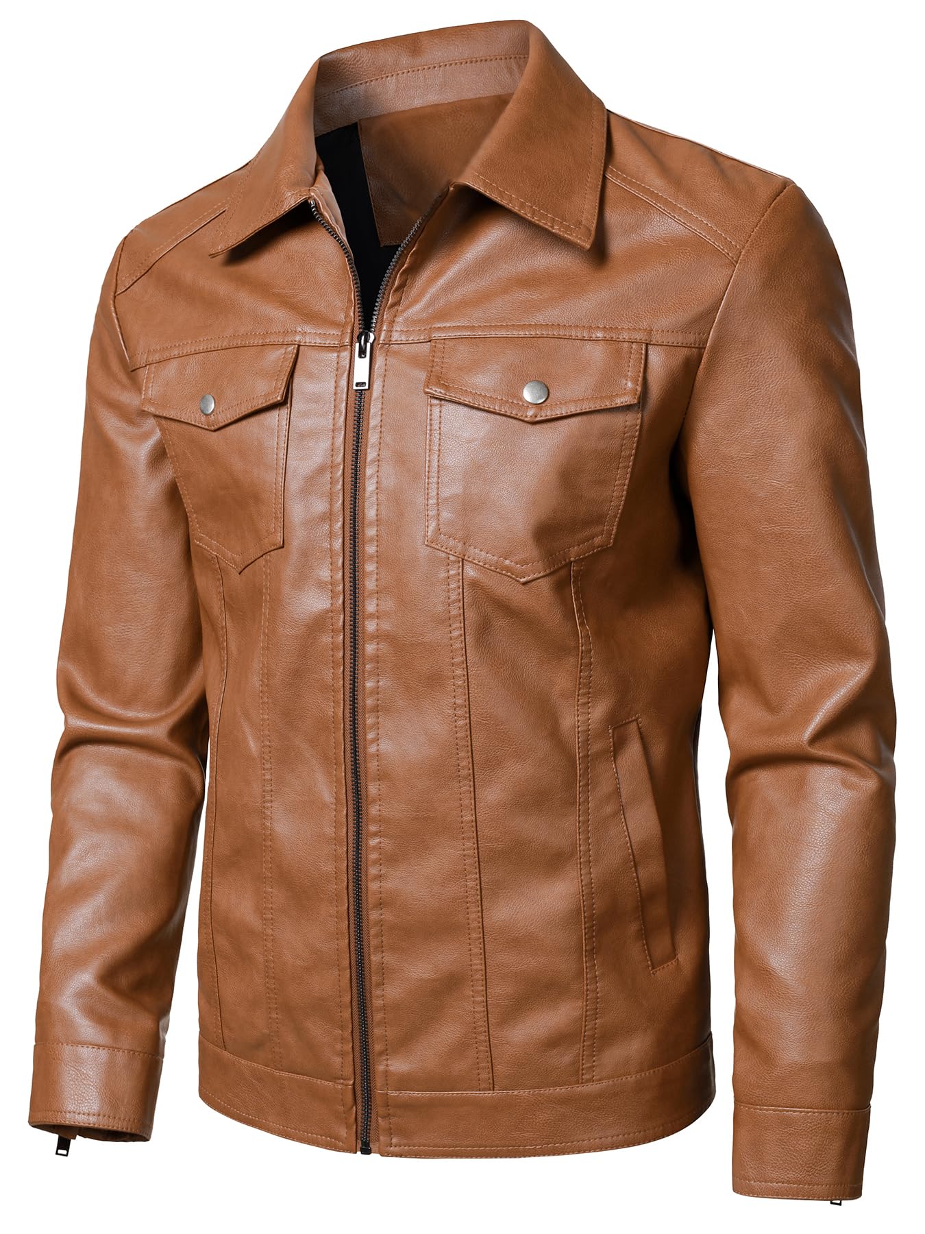 HOOD CREW Mens Leather Jacket Motorcycle Biker Jackets Casual Lightweight Faux Leather Outwear Light Brown M