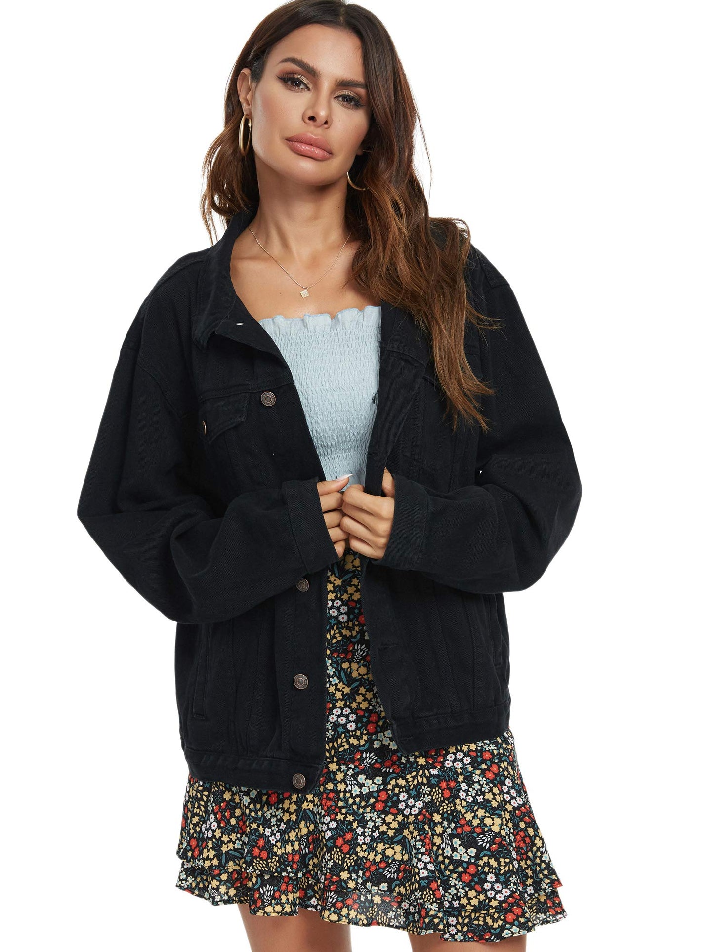 Just Quella Jean Jacket Women Black Oversized Denim Jacket (L, Black)