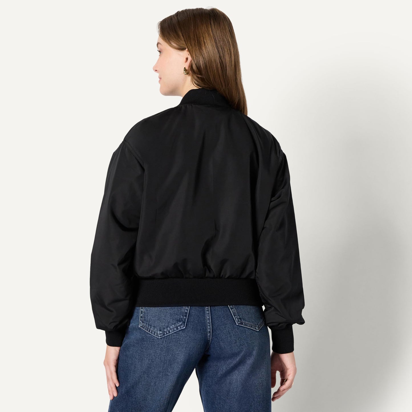 Amazon Essentials Women's Relaxed-Fit Denim Bomber Jacket, Black, Large