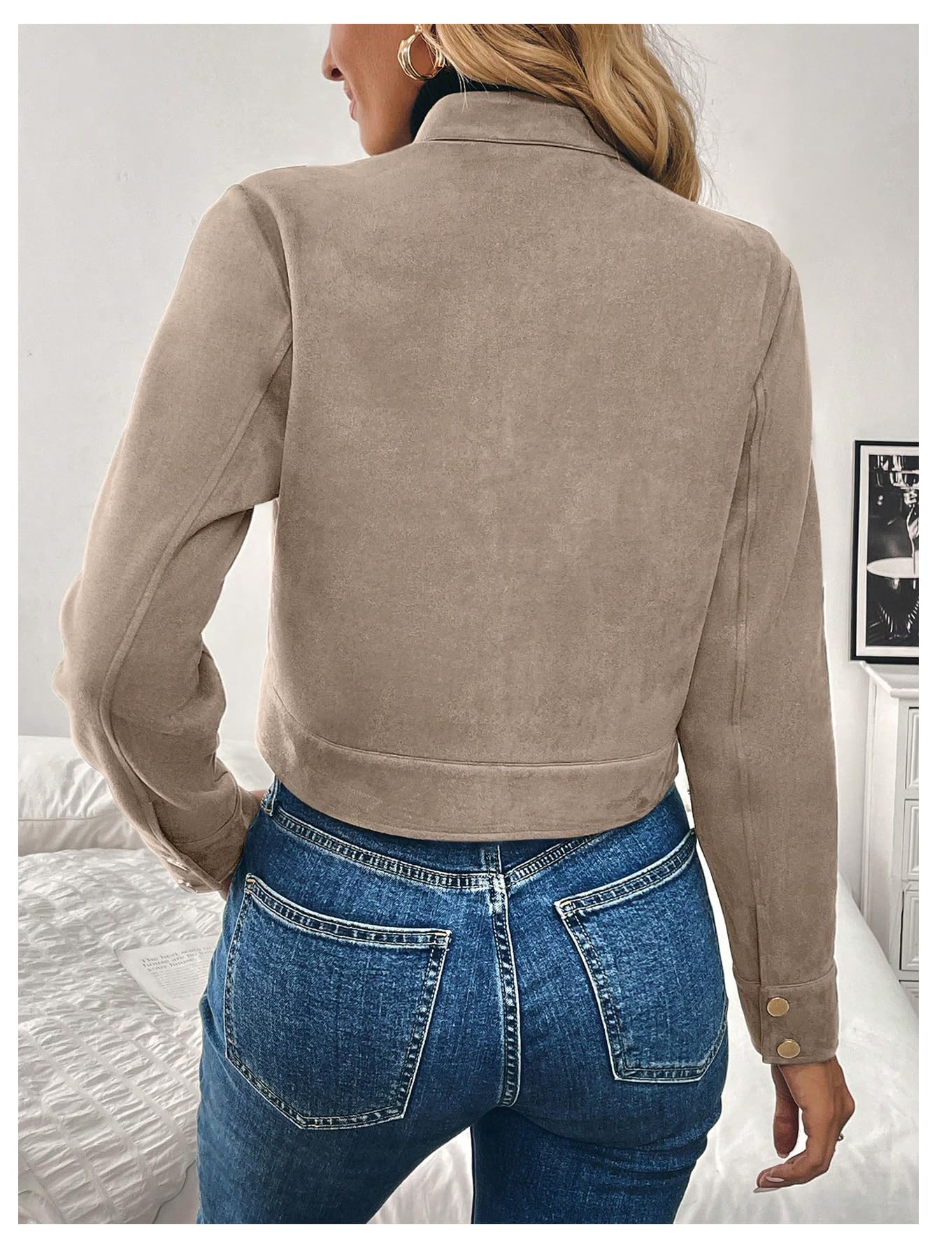 Verdusa Women's Zip Up Crop Spring Jackets Faux Suede Long Sleeve Motorcycle Cargo Jacket with Pockets Apricot Medium