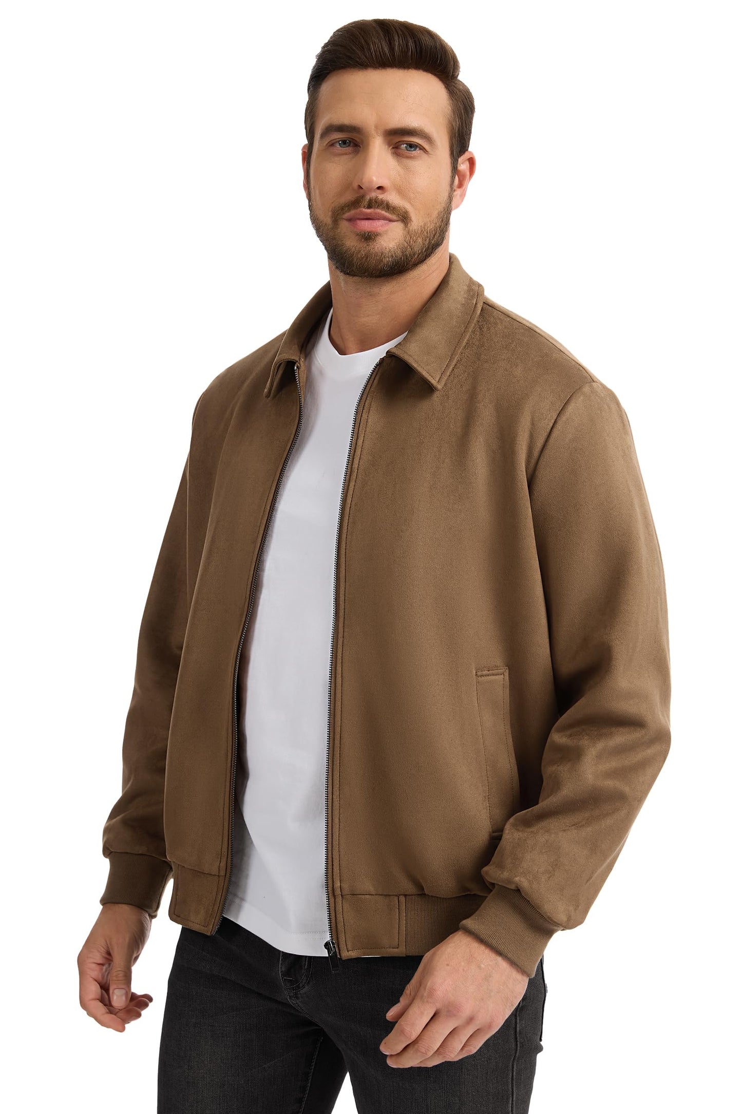 Fahsyee Men's Faux Suede Bomber Jacket Casual Stylish Outwear, Lightweight Vintage Coat With Full Zipper Brown XXL