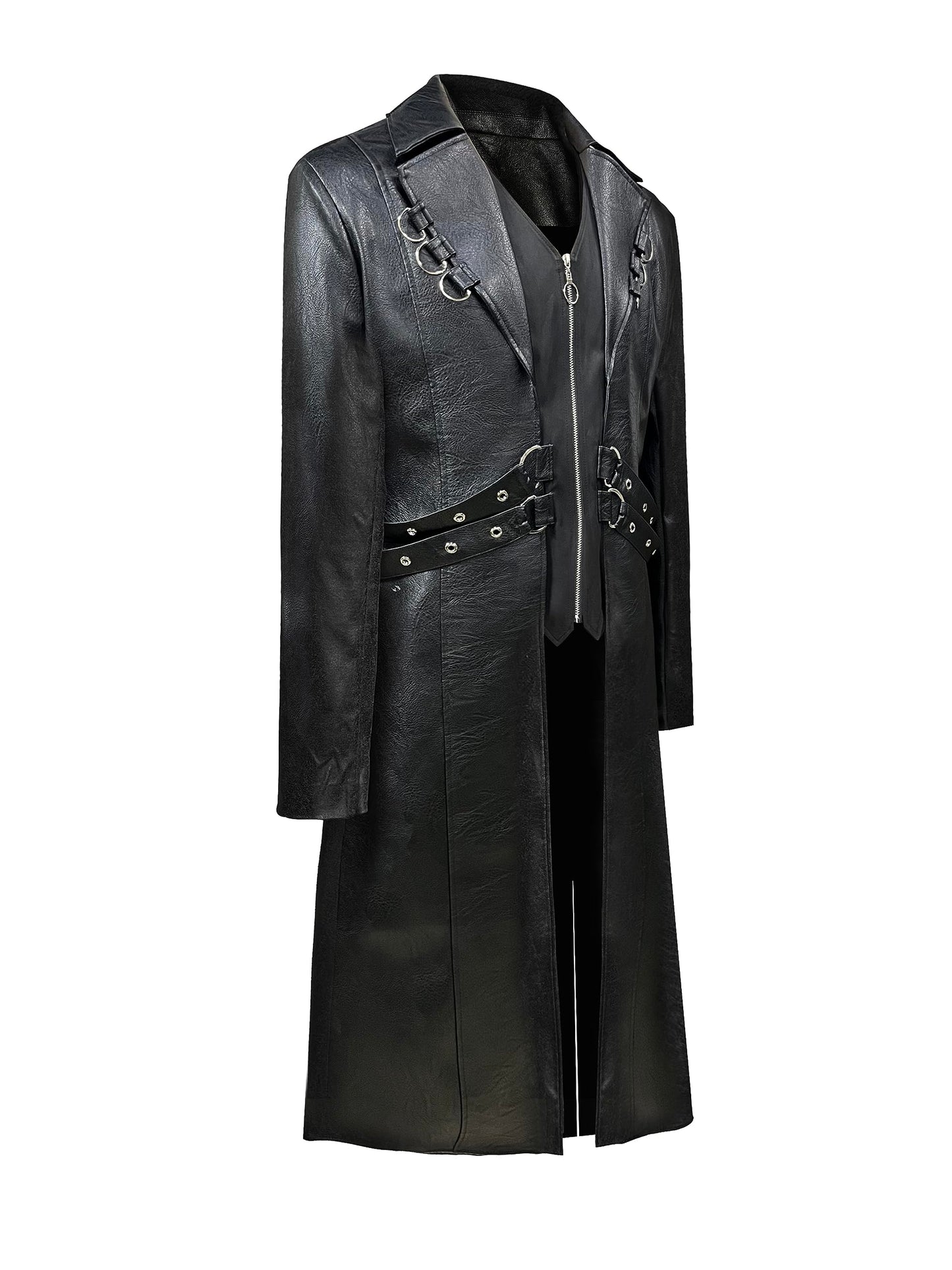 DRTES Mens Steampunk Faux Leather Jacket Trench Coat Motorcycle Jacket (Black, X-Large)