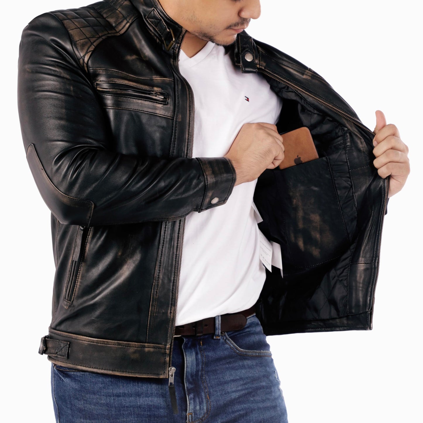 Jild Signature Diamond Style Café Racer Lambskin Leather Jacket Men - Men's Casual Real Leather Quilted Style Motorcycle Jacket (DM-Rub-L)