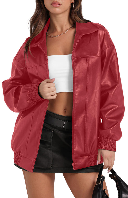 Sampeel Leather Jacket Women Oversized Vintage Bomber Coats 2025 Fall Fashion Outfits Winter Clothes Bright Red M