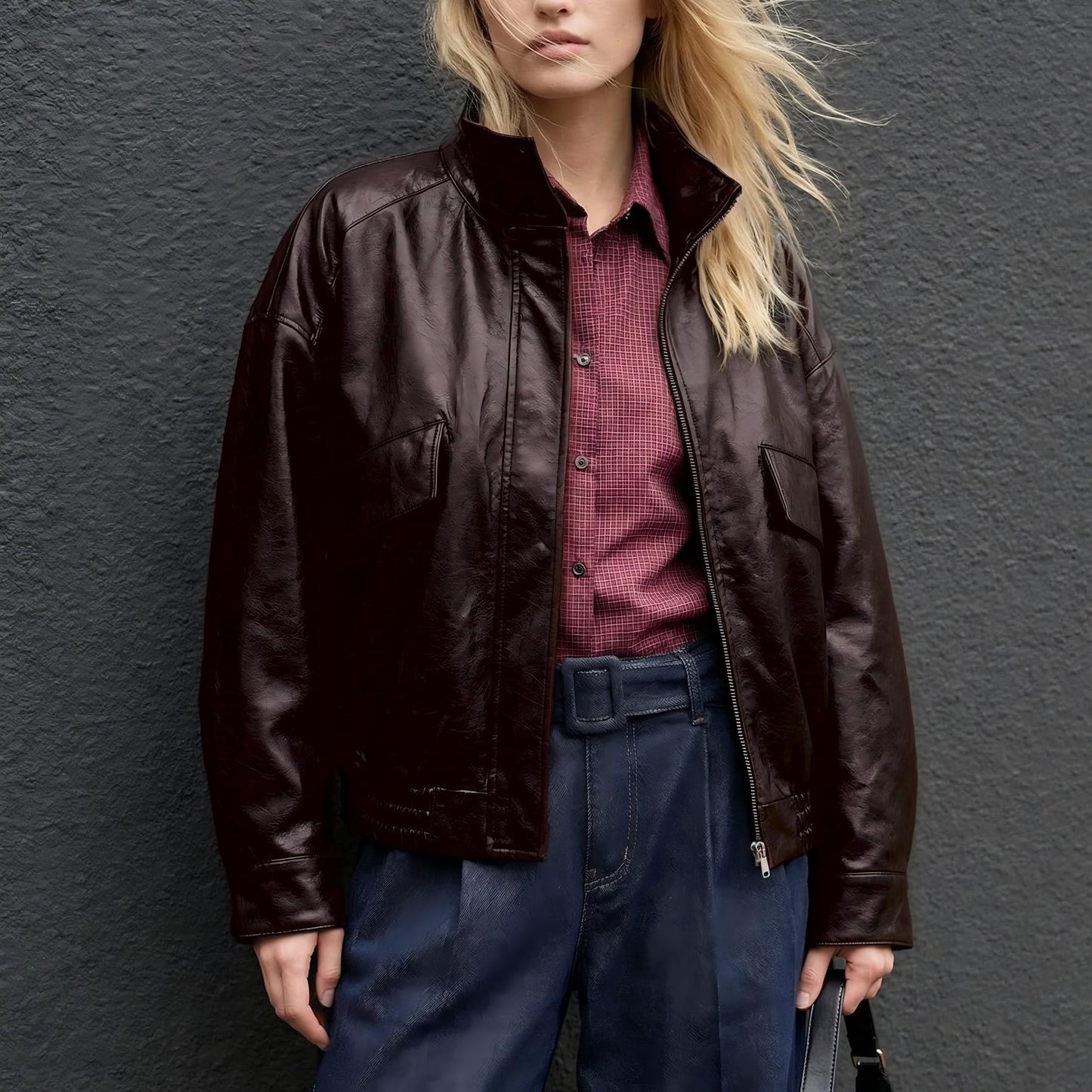 VKXJA Women’s Casual PU Leather Bomber Jacket, Soft Lined Zip-Up Outerwear with Functional Pockets, Trendy Street Style for Fall Winter (US, Alpha, Large, Large, Regular, Regular, Winered)
