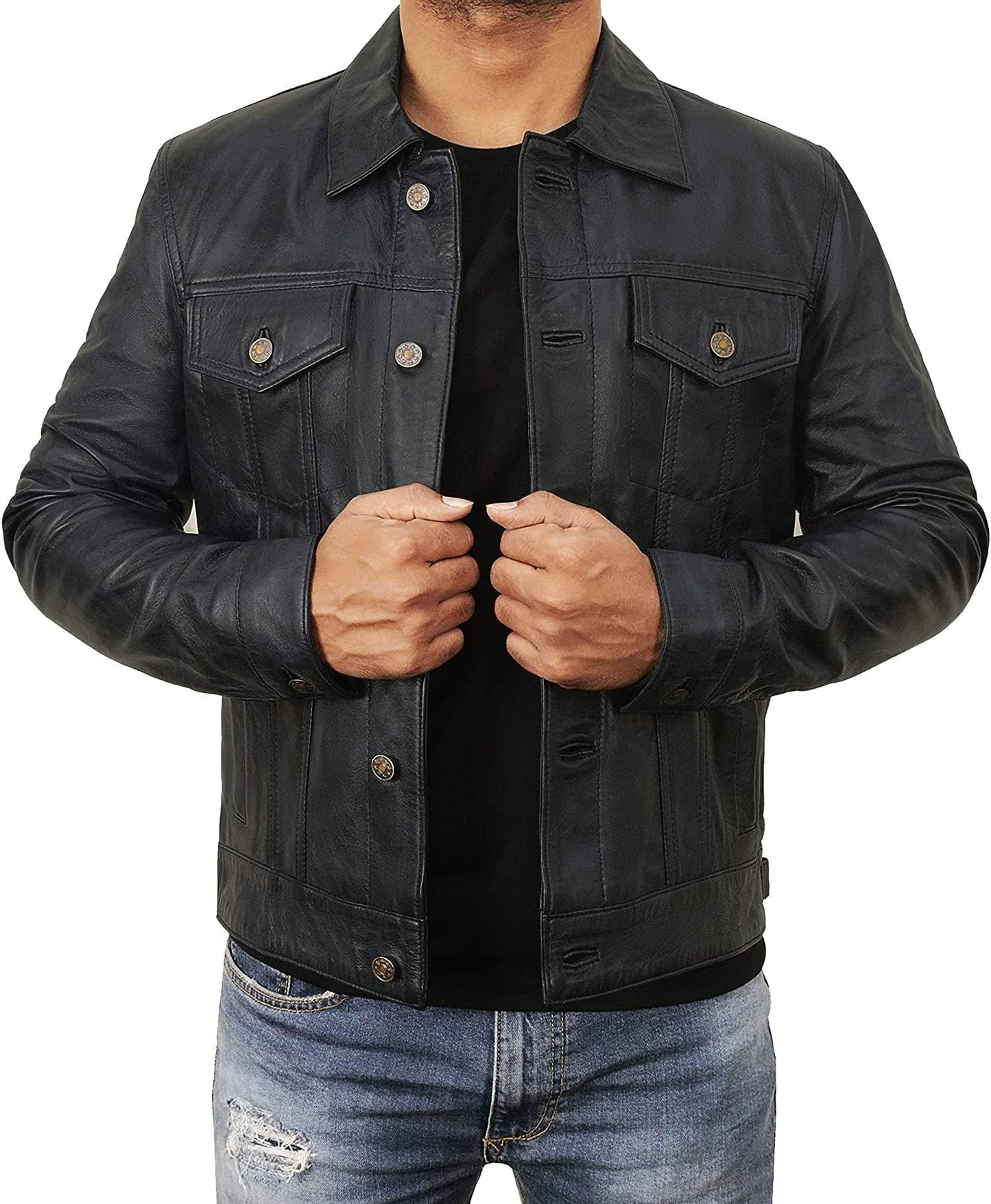 STOREJEES Shirt Style Leather Trucker Jacket Men | Trucker Black - S