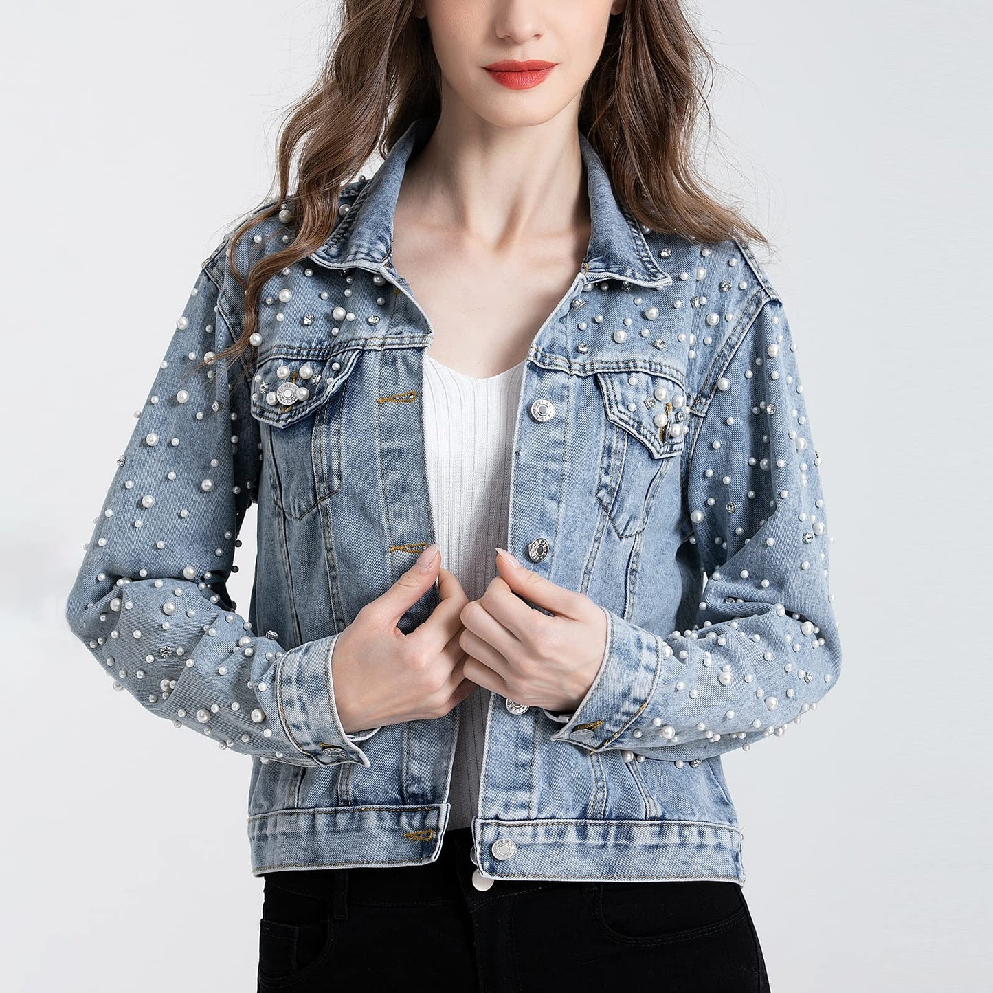 LifeShe Womens Pearls Denim Jacket Cropped Rhinestones Jean Jacket Coat