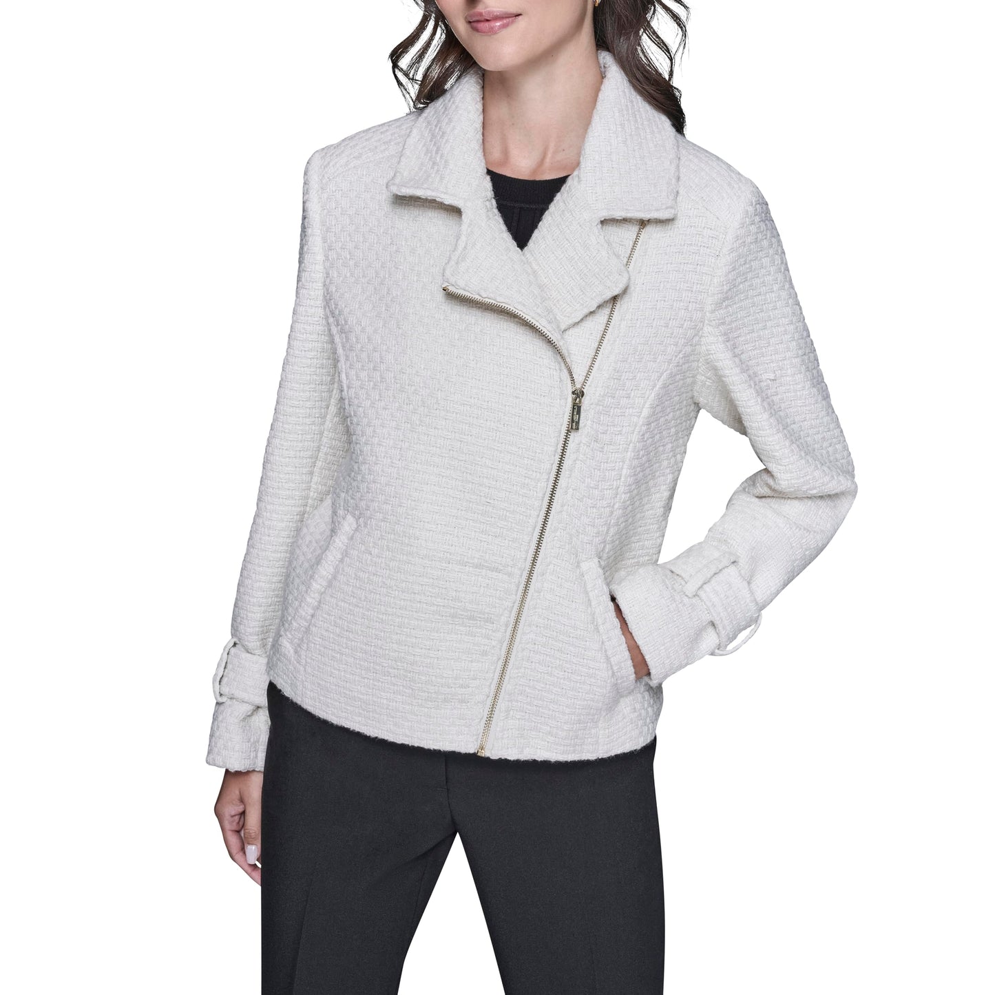 KARL LAGERFELD Paris Women's Long Sleeve Soft Suiting Jacket with Zipper Closure, Cream, Small