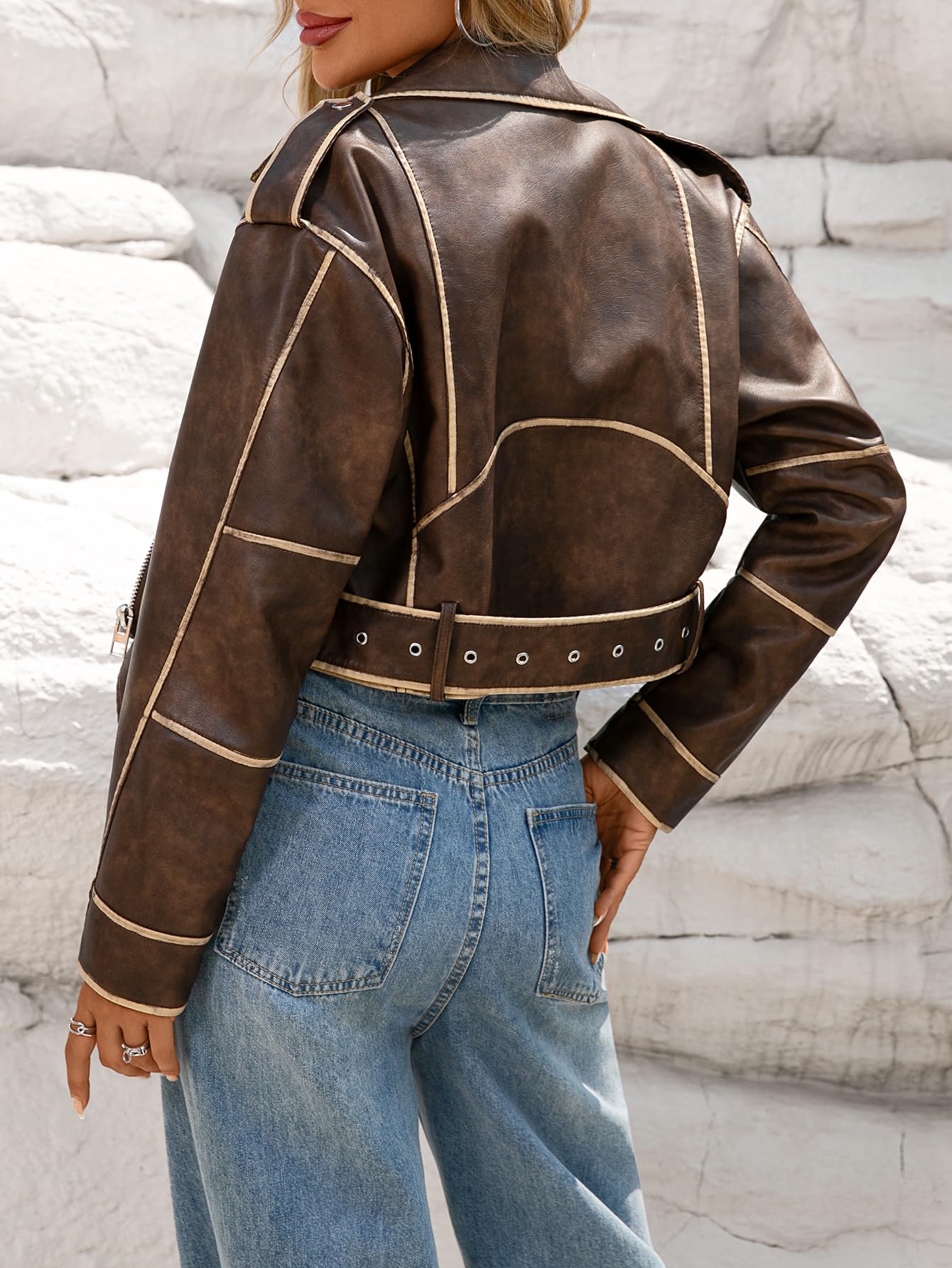 LY VAREY LIN Women Faux Leather Cropped Jacket Lapel Zipper Biker Short Coat with Belt