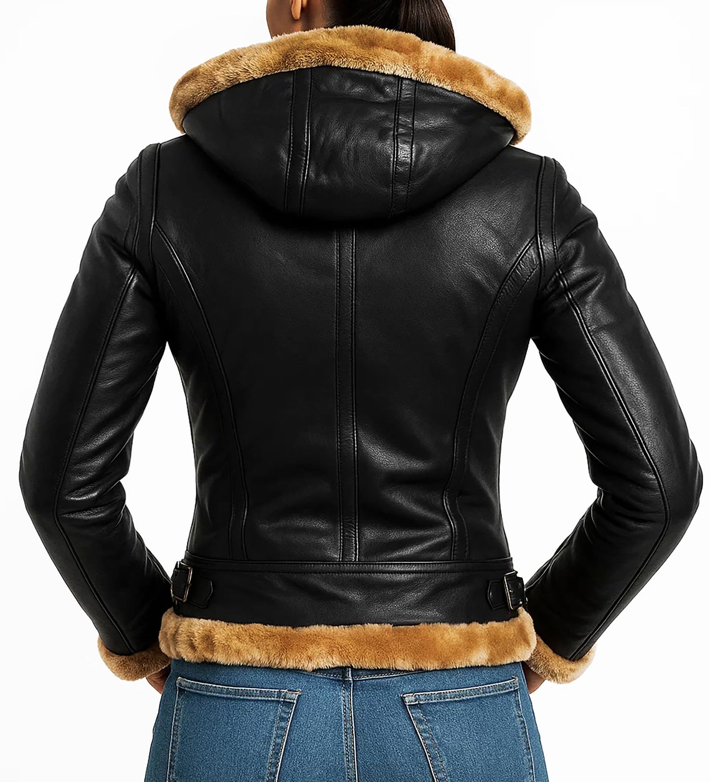 LP-FACON Womens B3 Brown Shearling Bomber Jacket - Winter Aviator Pilot Sheepskin Black Leather Jacket Removable Hoodie
