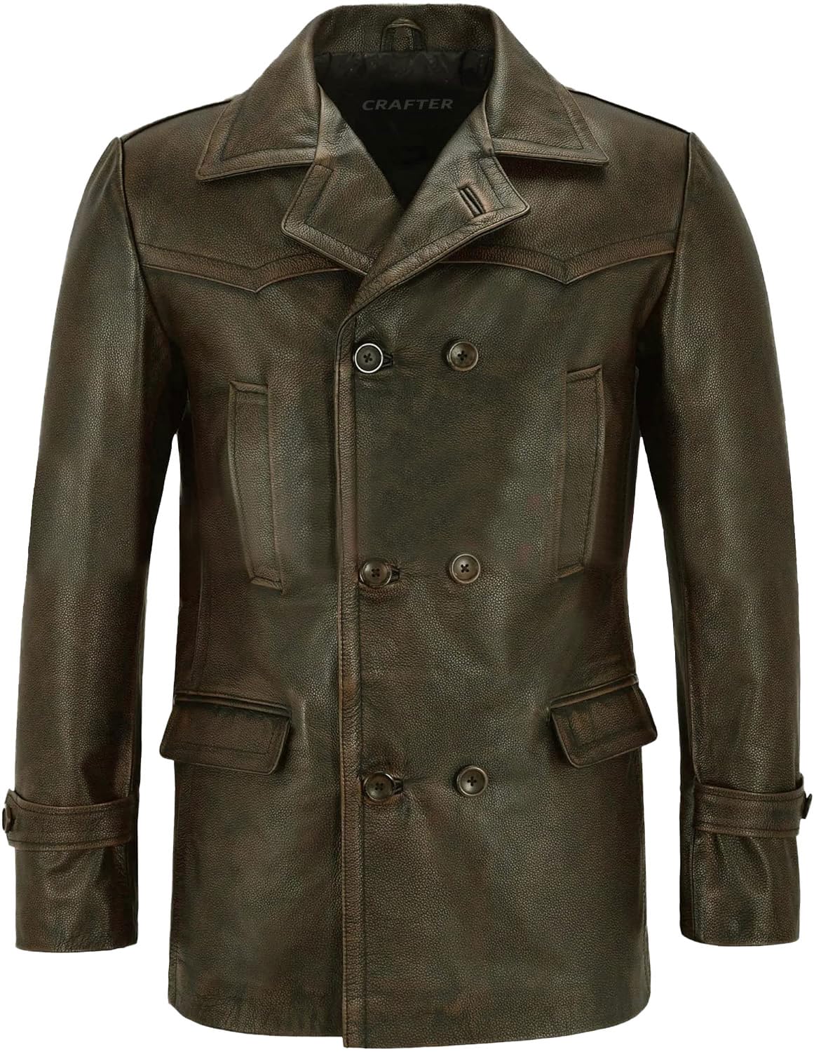 Men's Kriegsmarine German Ww2 Dr Who Reefer Hide Leather Jacket Coat Four Button Leather Car Coat - Pea Coat for Mens (US, Alpha, XX-Large, Regular, Regular, Distressed Brown)