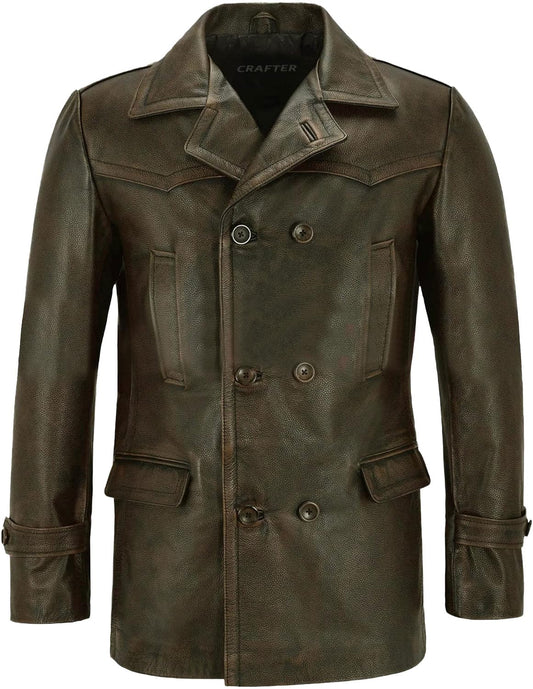 Men's Kriegsmarine German Ww2 Dr Who Reefer Hide Leather Jacket Coat Four Button Leather Car Coat - Pea Coat for Mens (US, Alpha, XX-Large, Regular, Regular, Distressed Brown)