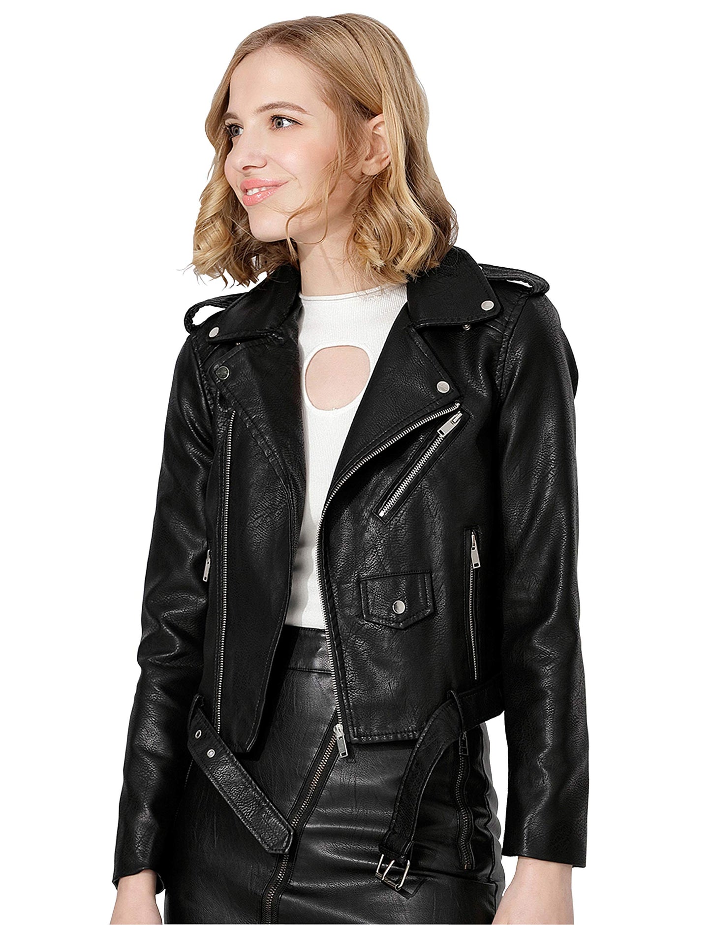 Jhichic Women's Faux Leather Textured Short Moto Jacket Zip-up Slim PU Biker Coat with Pockets (Black, L)