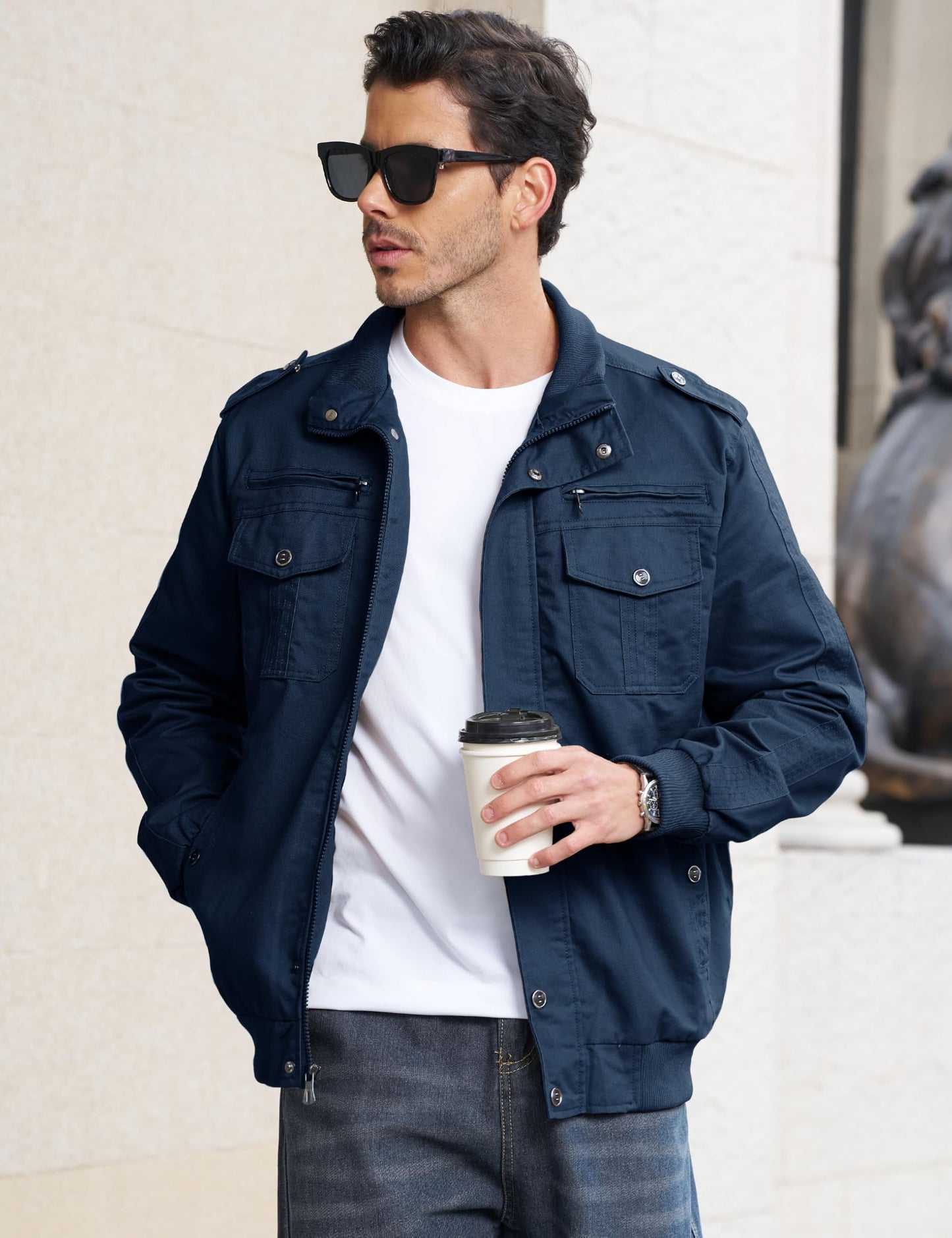 EKLENTSON Bomber Jacket for Men Military Fall Lightweight Windbreaker Flying Cargo Jacket Denim Blue M