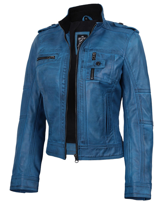 Decrum Blue Leather Jacket Women - Racer Jacket Women | [1329462] Tavares Blue, S