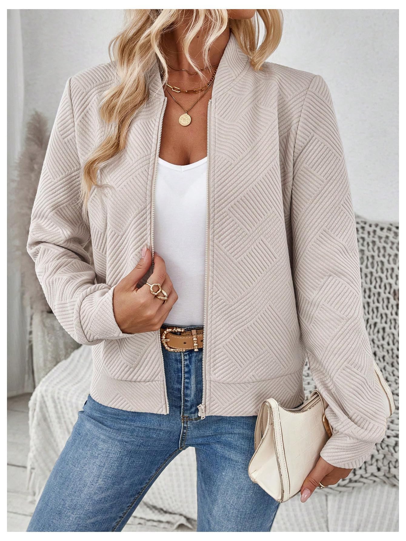Verdusa Women's Zip Up Bomber Jacket Casual Long Sleeve Textured Lightweight Coat Business Casual Outfits Spring Fall Clothes Khaki Small