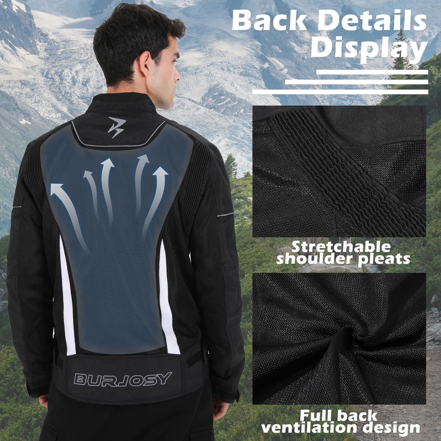 Burjosy Mesh Motorcycle Jacket for Men, Summer Motorbike Biker Jacket, Reflective Lightweight Breathable Riding Jacket Protective Gear Armored