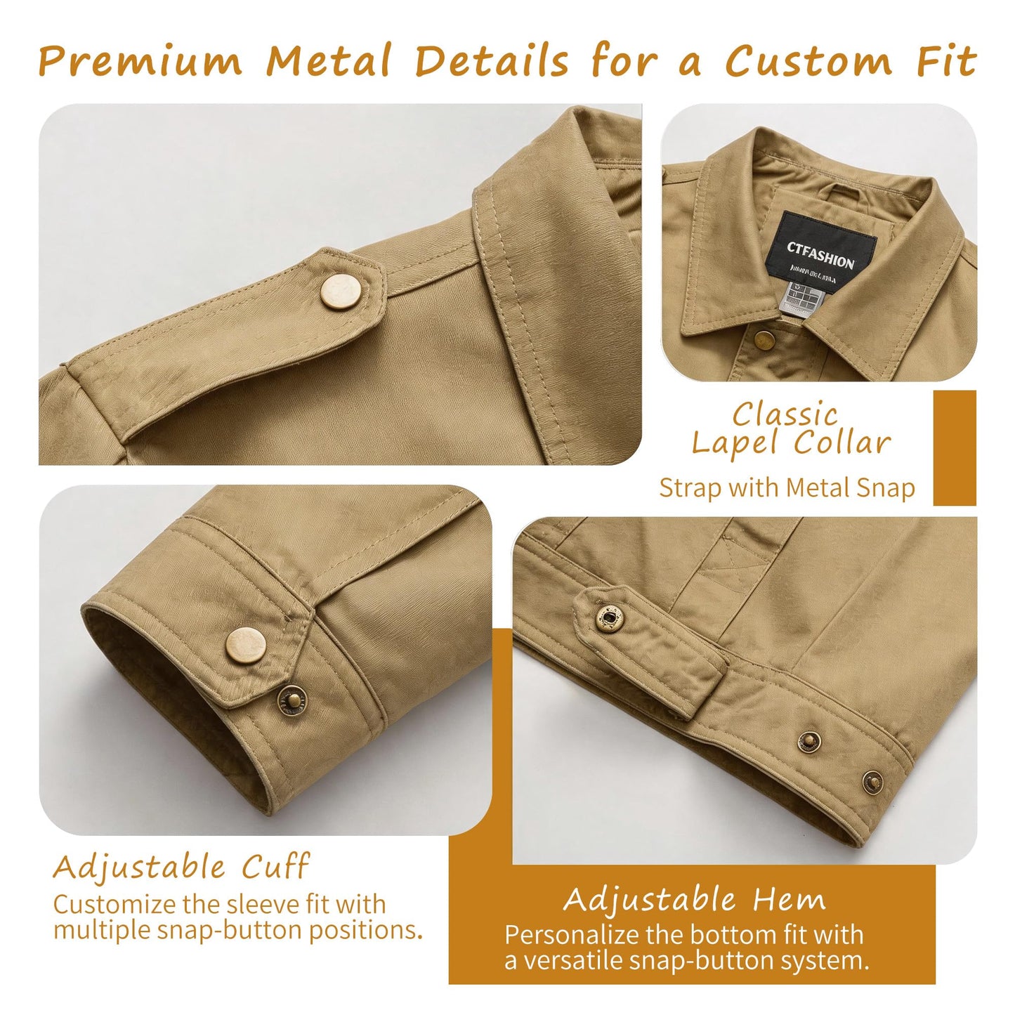 CTFASHION Men's Canvas Military Jacket Full Zip Cotton Field Coat Multi Pocket Outdoor Travel Daily Work Wear Spring Fall Winter Khaki M