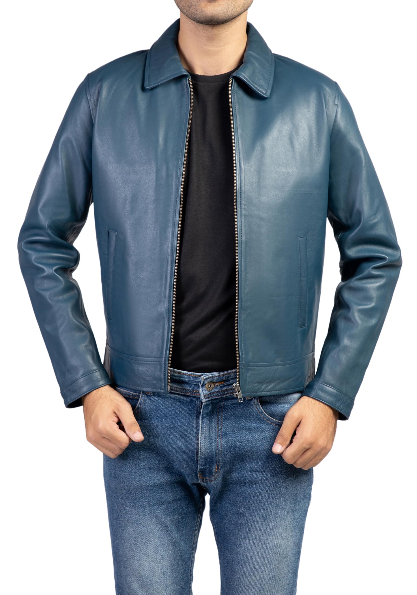 Jild Polo Collar Premium Leather Jacket Men - Old School Classic Style Everyday Wear Real Lambskin Mens Leather Jacket (Polo-Blue-3XL)