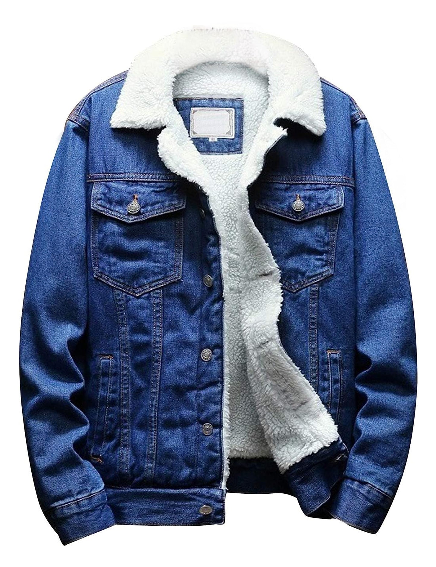 Omoone Men's Lapel Sherpa Fleece Lined Thicken Denim Jean Trucker Jacket Coats (0176-Dark Blue-L)