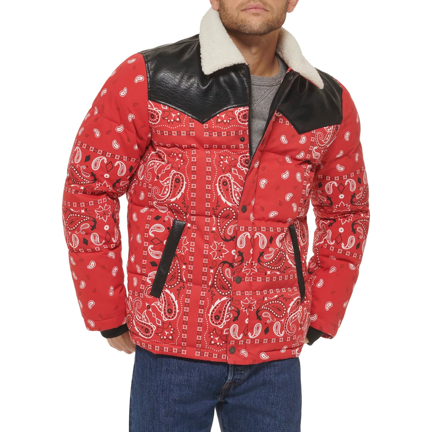 Levi's Men's Levi's Men's Out West Mixed Media Puffer Vest, Red Bandana Print Puffer, Small