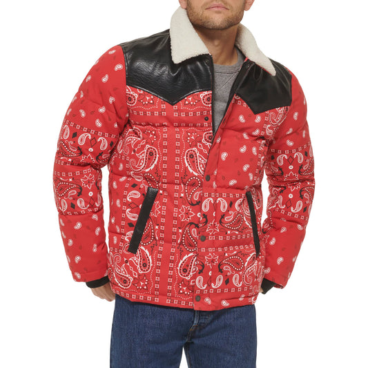 Levi's Men's Levi's Men's Out West Mixed Media Puffer Vest, Red Bandana Print Puffer, Small