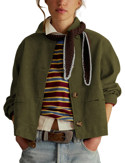 Ziqoty Women's Faux Suede Cropped Jacket with Lapel Soft Short Casual Blazer for Fall Winter Vintage Button Down Coat(ArmyGreen-L)