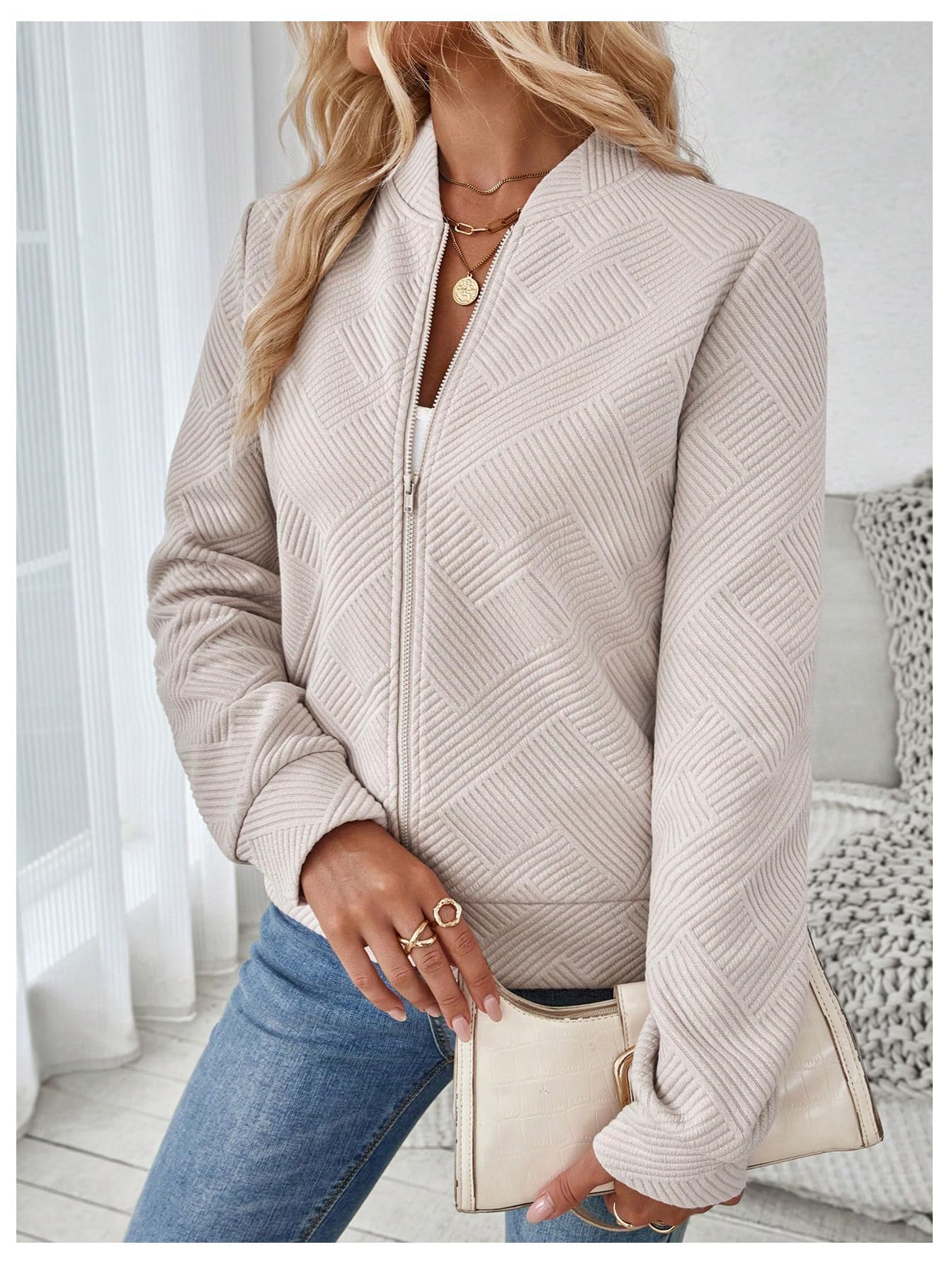 Verdusa Women's Zip Up Bomber Jacket Casual Long Sleeve Textured Lightweight Coat Business Casual Outfits Spring Fall Clothes Khaki Small