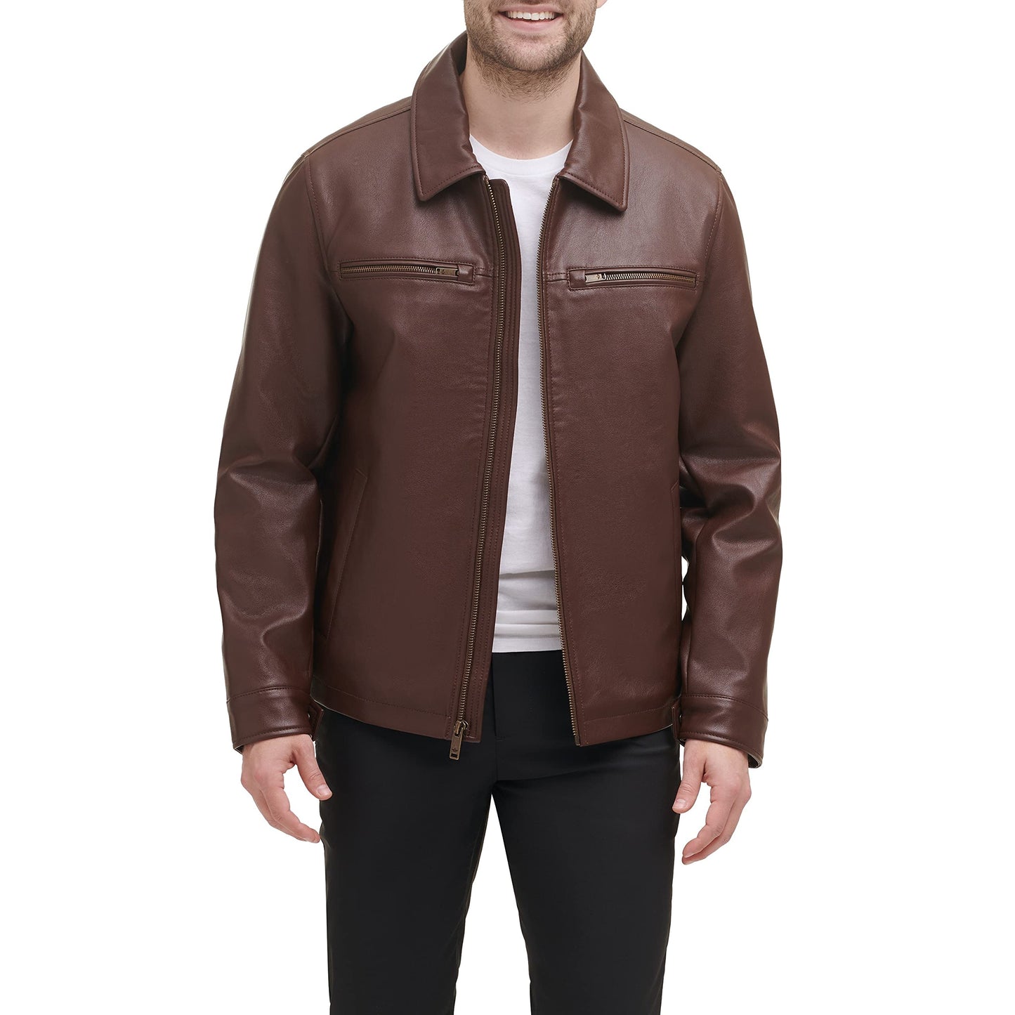 Dockers Men's James Faux Leather Jacket, Sienna Brown w. Chest Zip, Medium