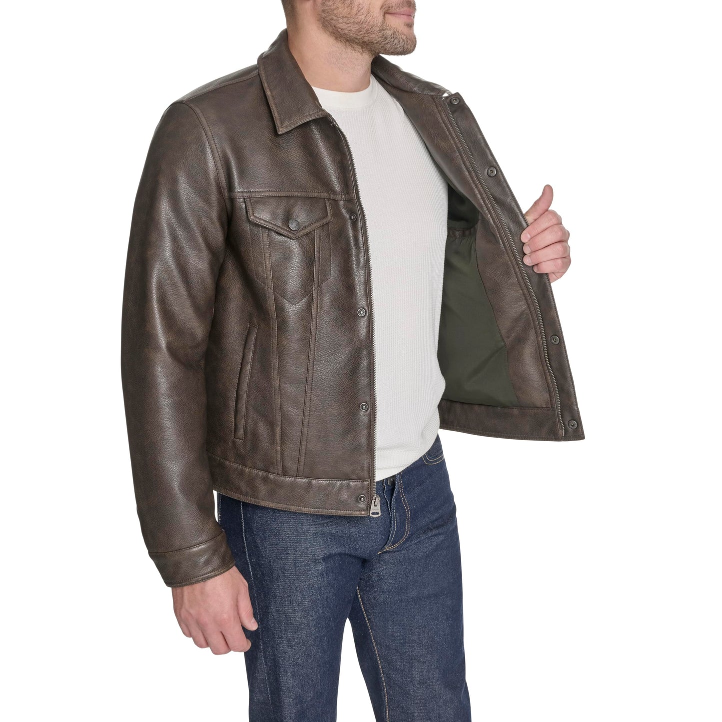 Levi's Men's Faux Leather Classic Trucker Jacket, Grainy Cow Brown, Large