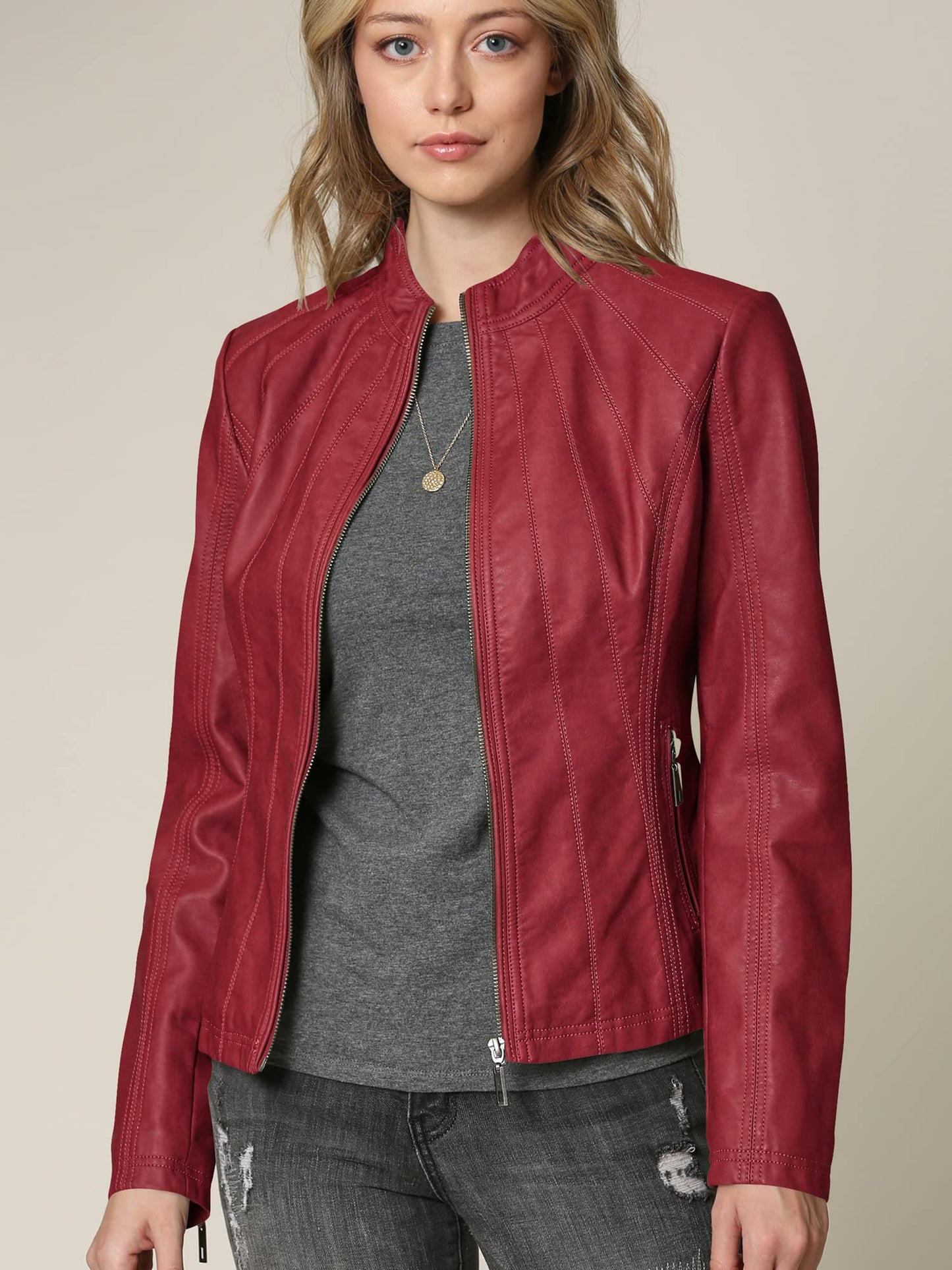 LL WJC877L Womens Panelled Faux Leather Moto Jacket XS RED
