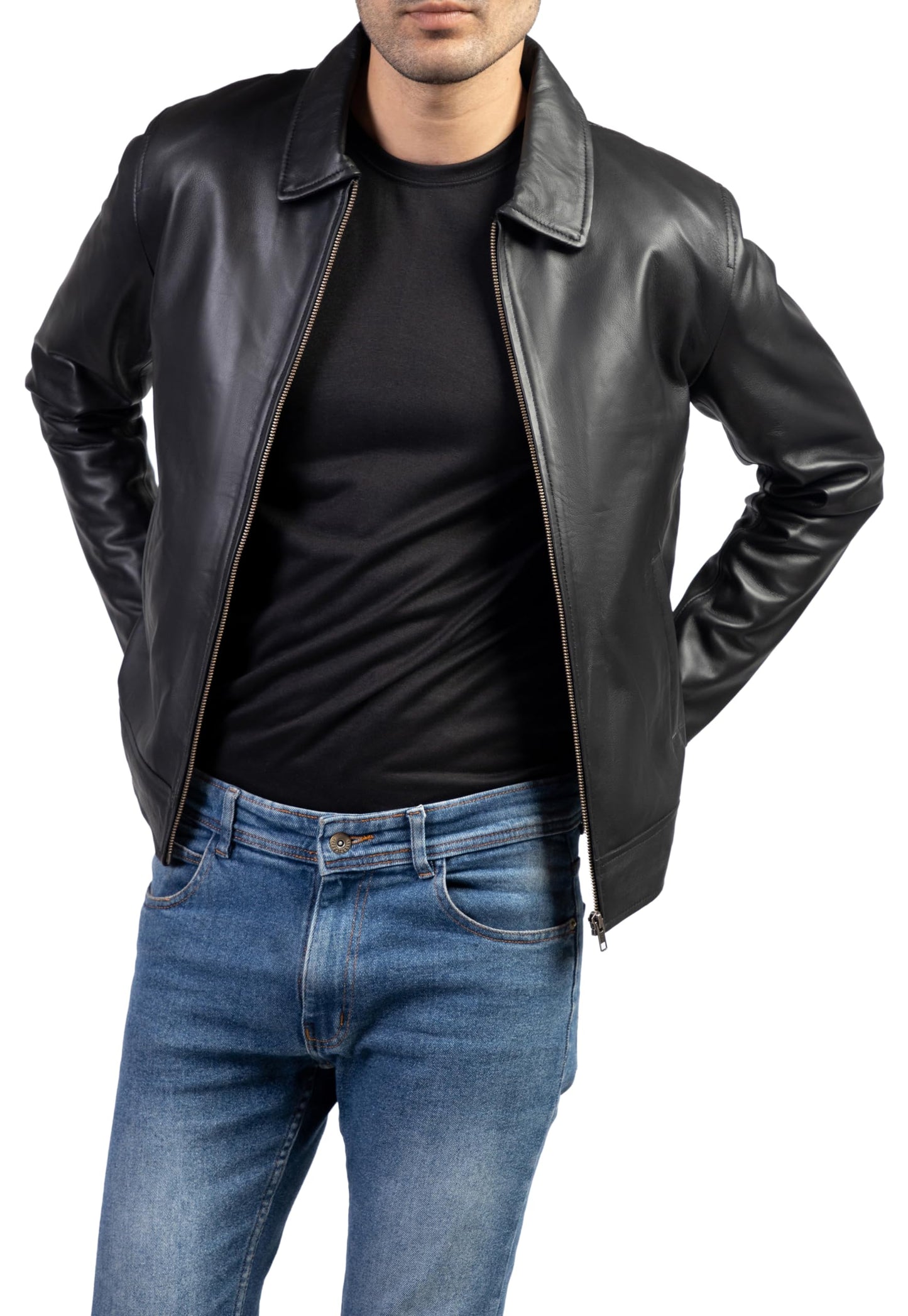 Jild Polo Collar Premium Leather Jacket Men - Old School Classic Style Everyday Wear Real Lambskin Mens Leather Jacket (Polo-Blk-M)
