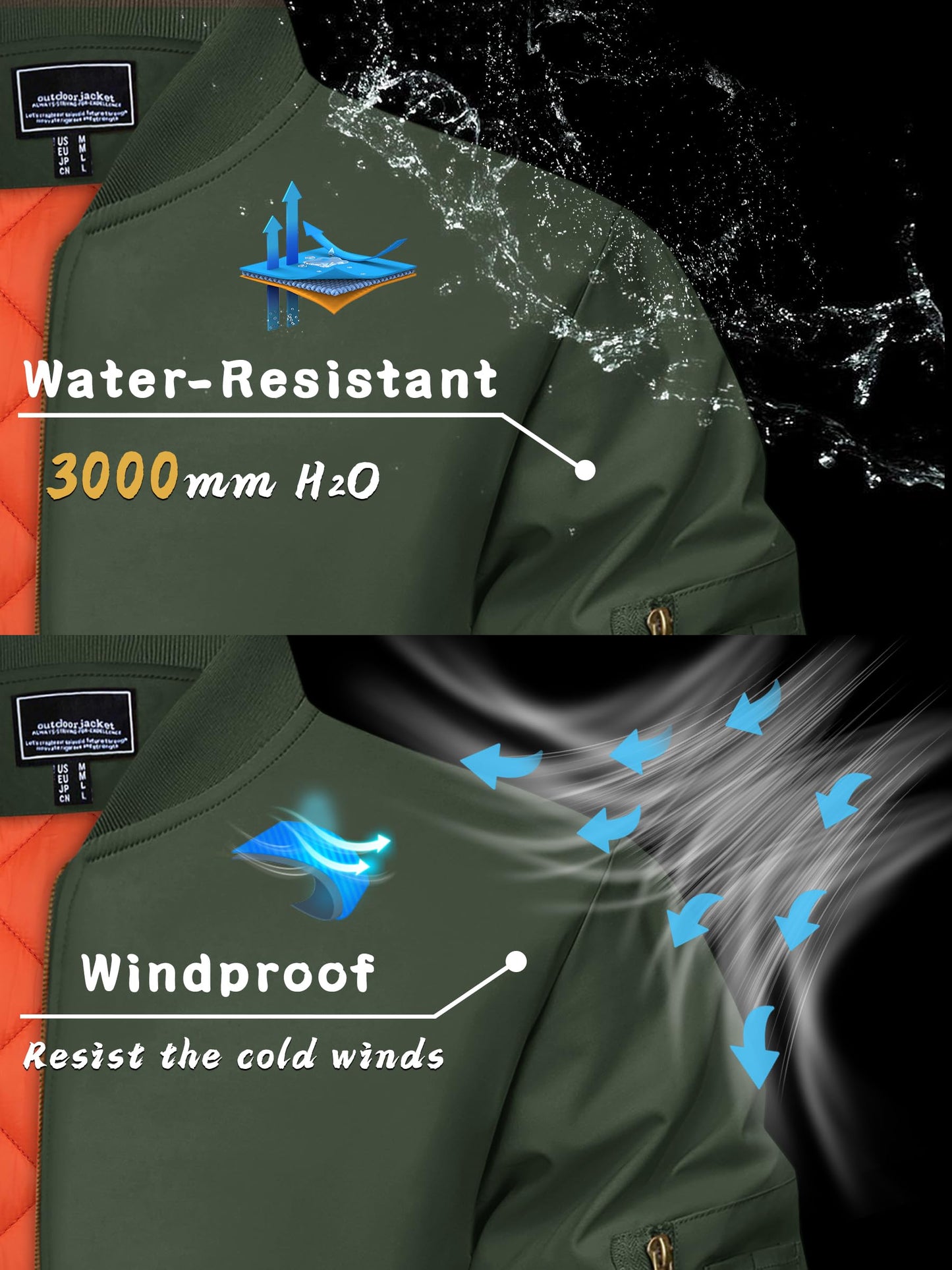 KEFITEVD Men's Bomber Jackets Windbreaker Warm Full Zip Coats Army Green XL